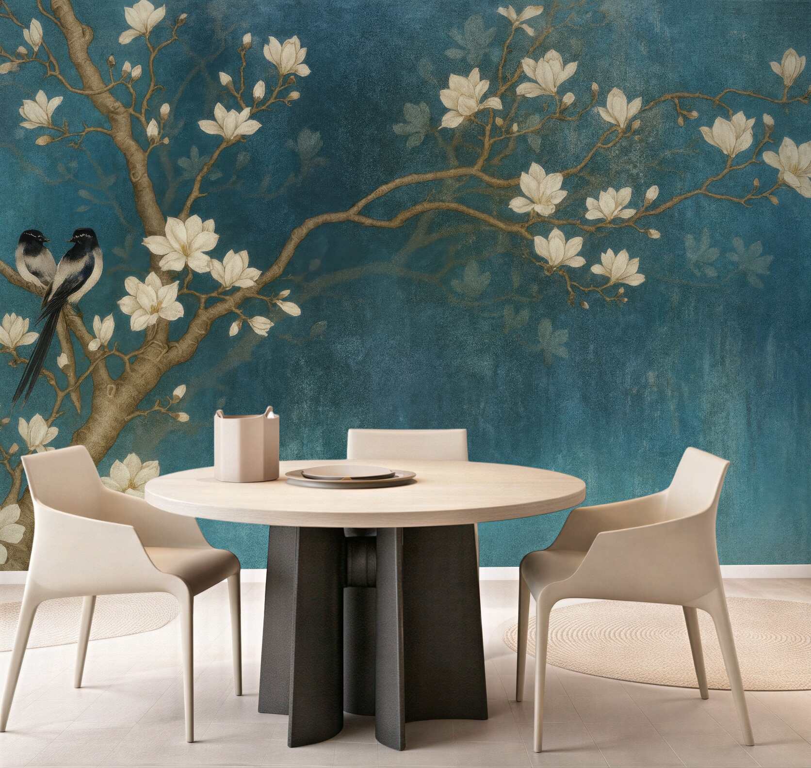 Fototapeta magnolie i ptaki na turkusie
