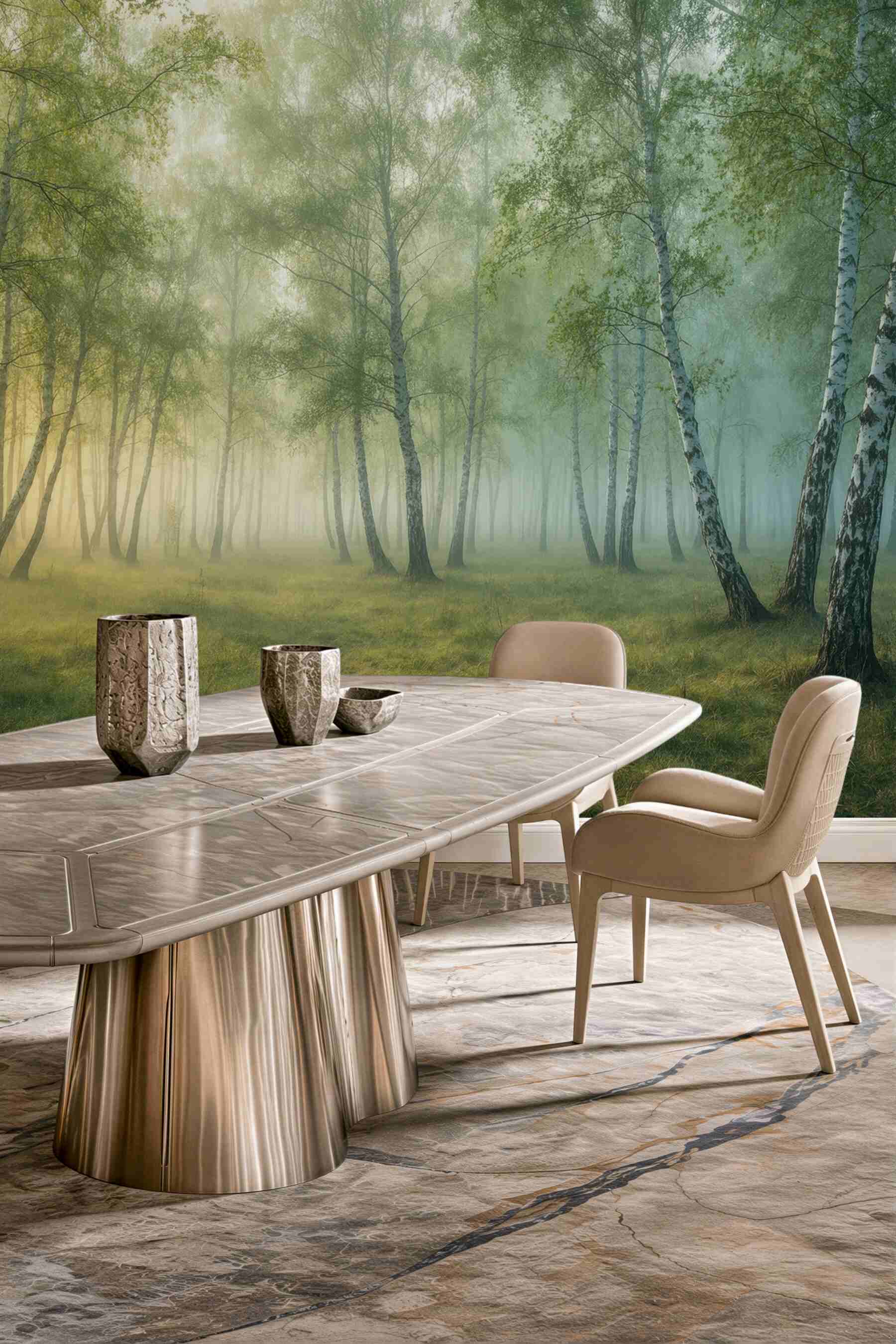 Fototapeta mglisty brzozowy las o świcie