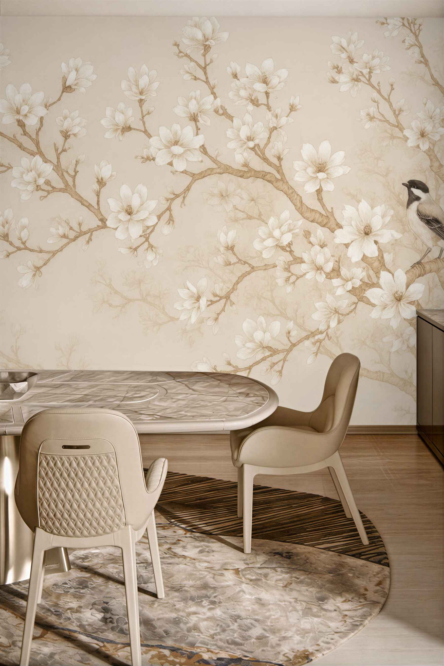 Fototapeta kwiecista magnolia z ptakami vintage