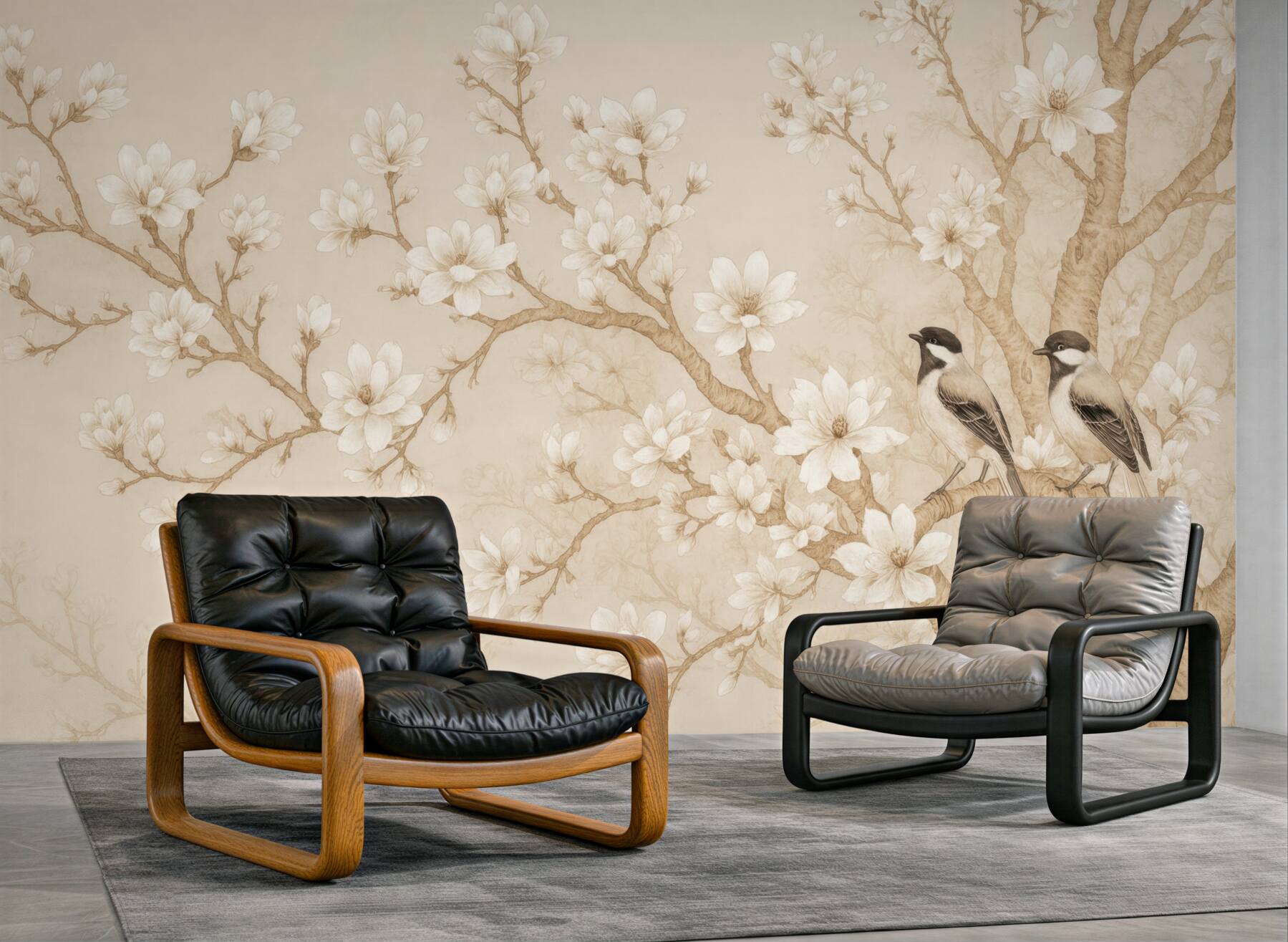 Fototapeta kwiecista magnolia z ptakami vintage