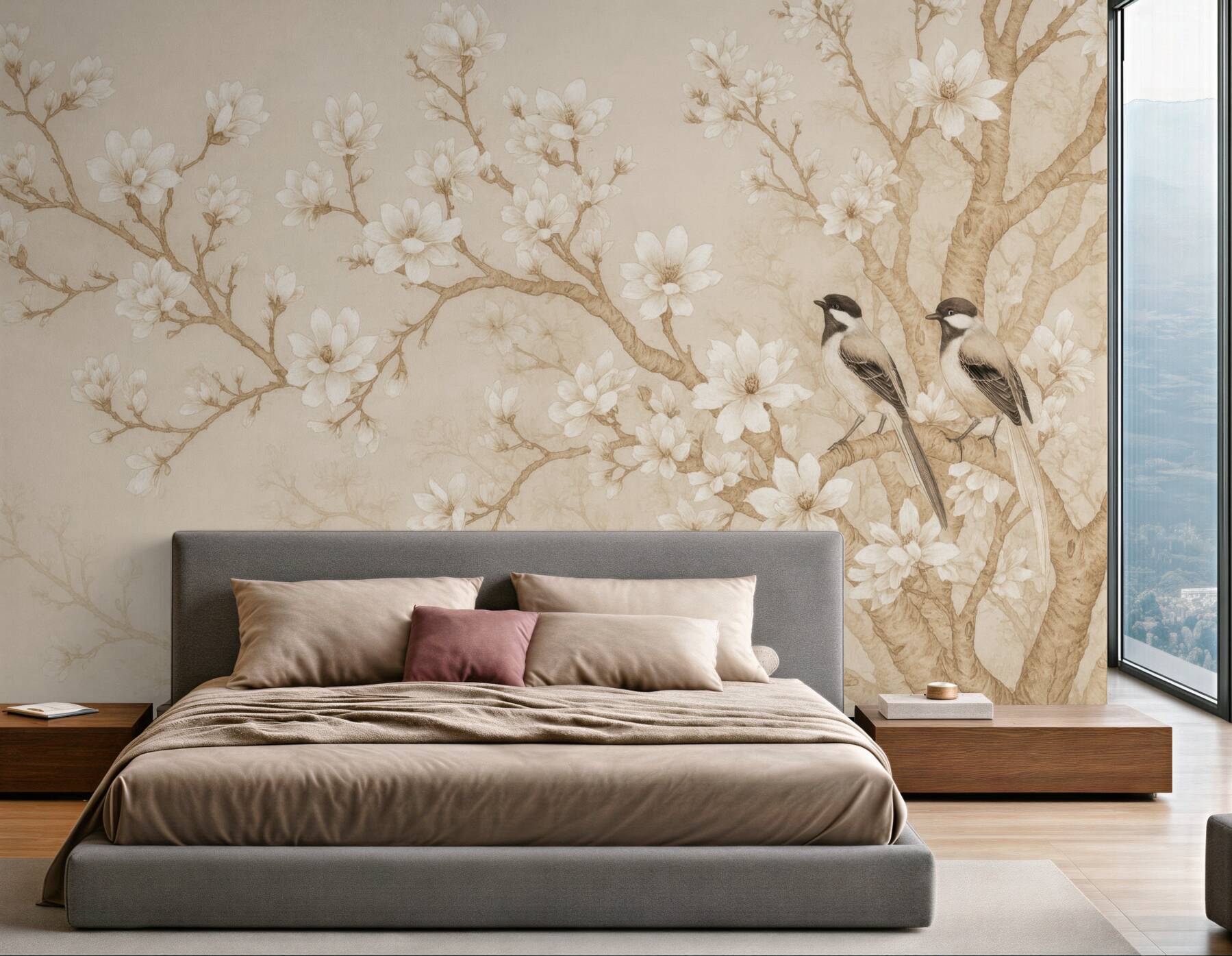 Fototapeta kwiecista magnolia z ptakami vintage
