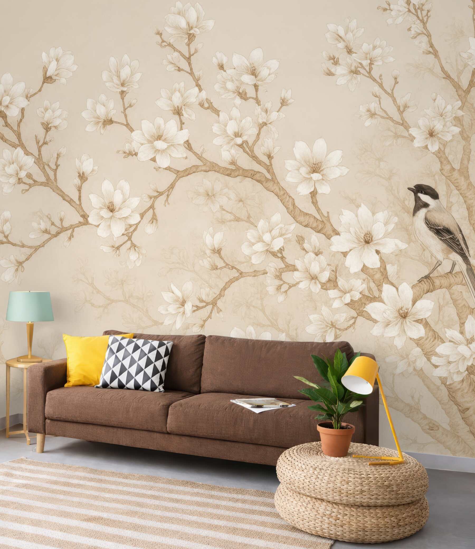 Fototapeta kwiecista magnolia z ptakami vintage