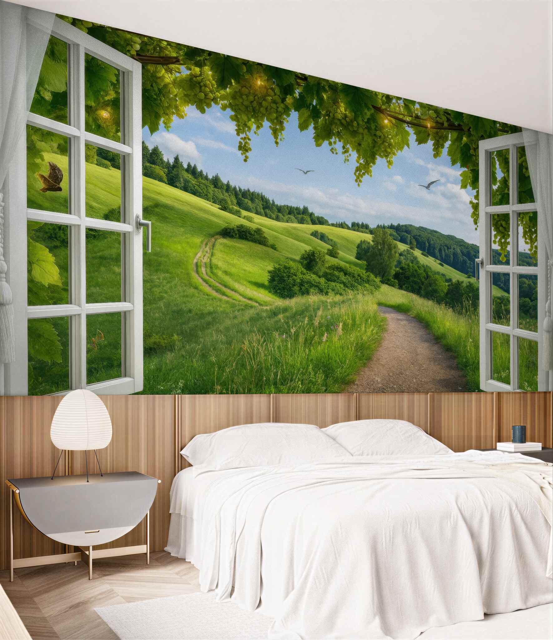 Fototapeta zielone wzgórza za oknem w winorośli