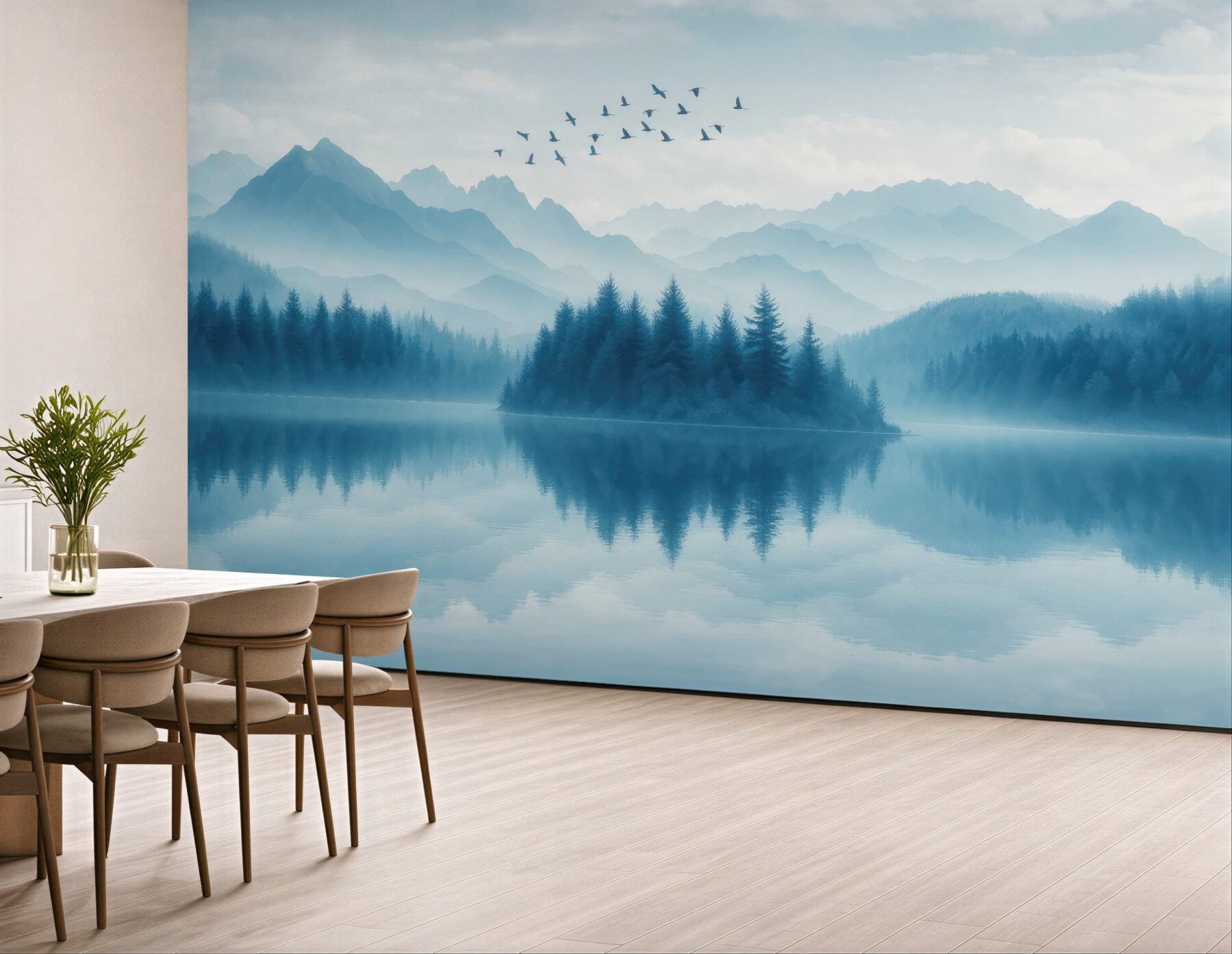 Fototapeta mglisty górski pejzaż nad jeziorem