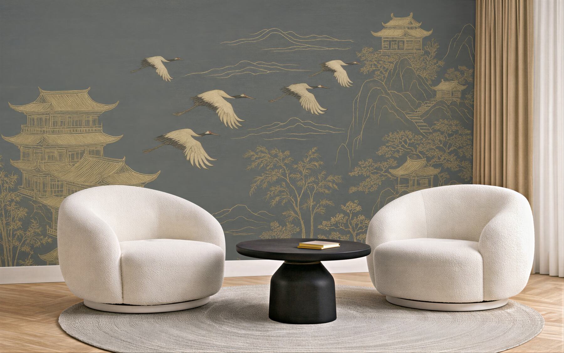 Fototapeta złote żurawie nad orientalnymi pawilonami