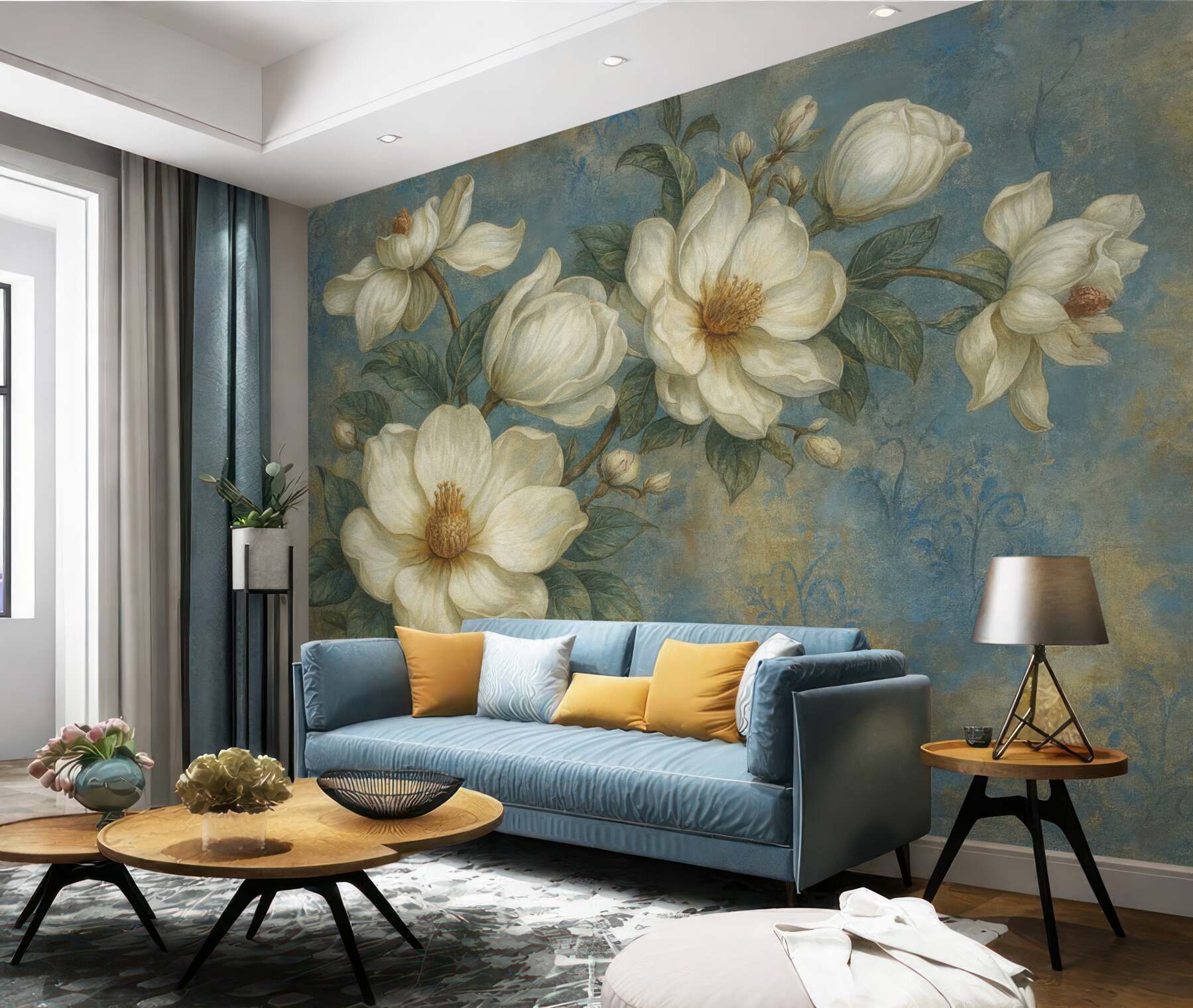 Fototapeta kremowe magnolie na błękitnym tle