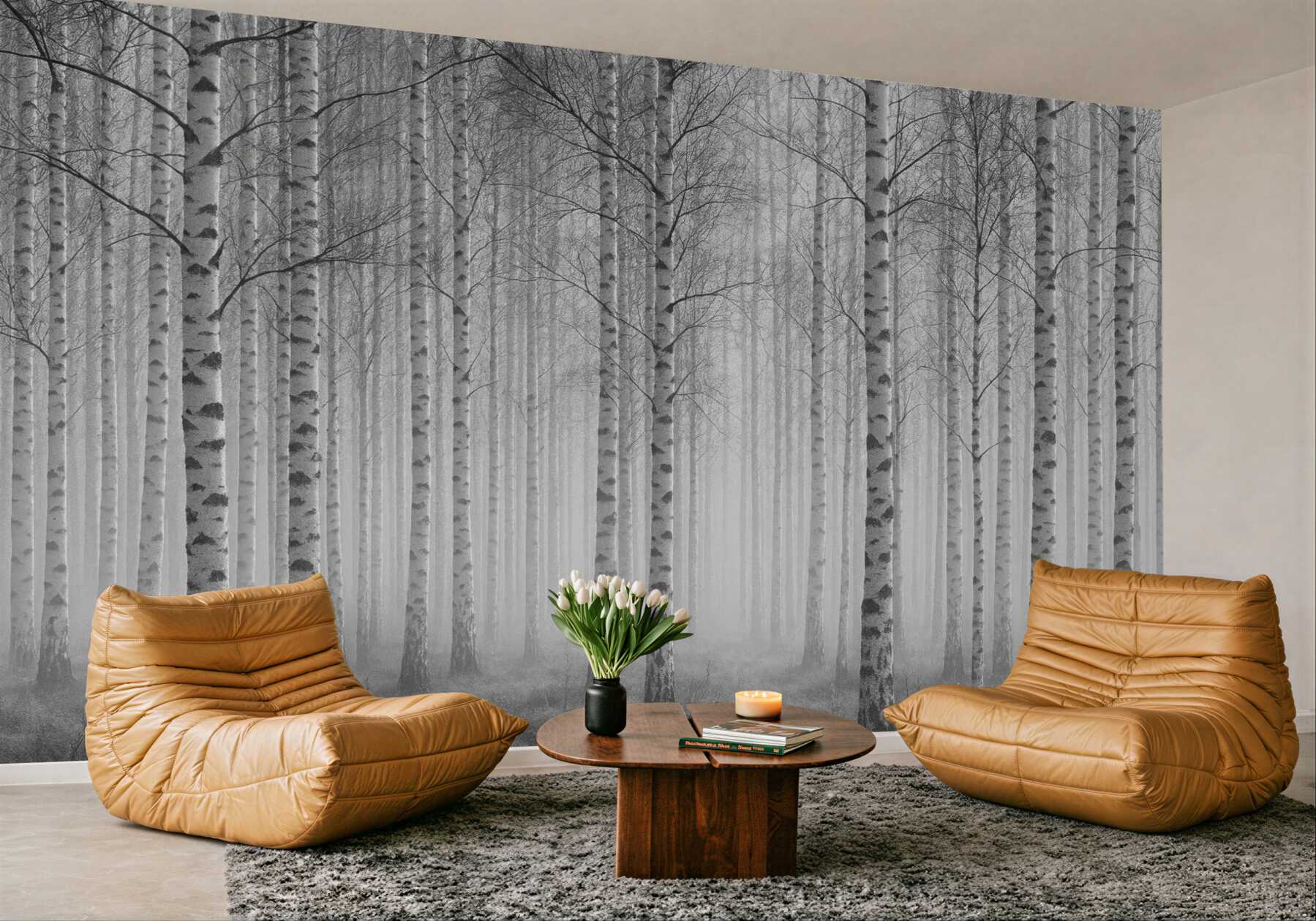 Fototapeta mglisty brzozowy las w szarościach