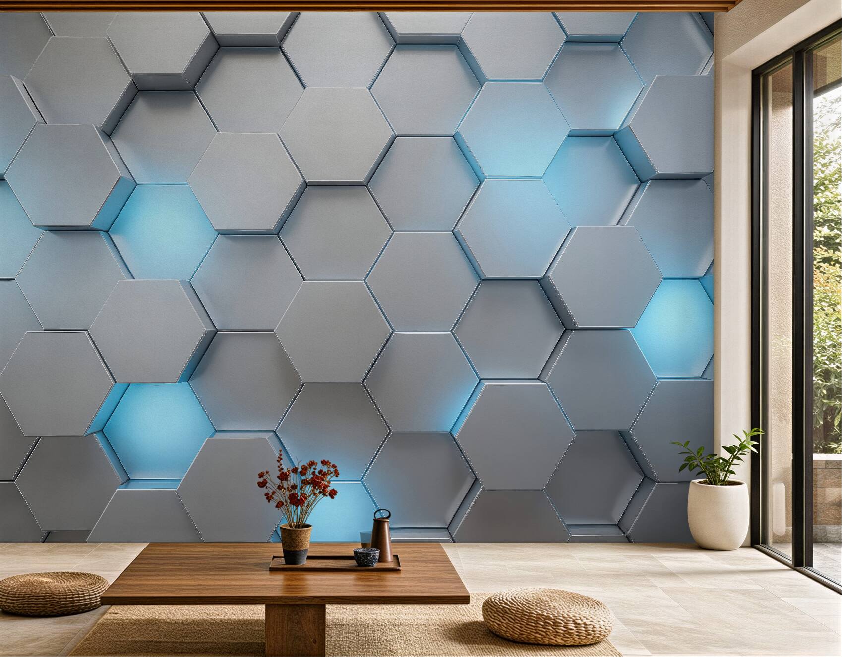 Fototapeta geometryczne heksagony z błękitnym światłem