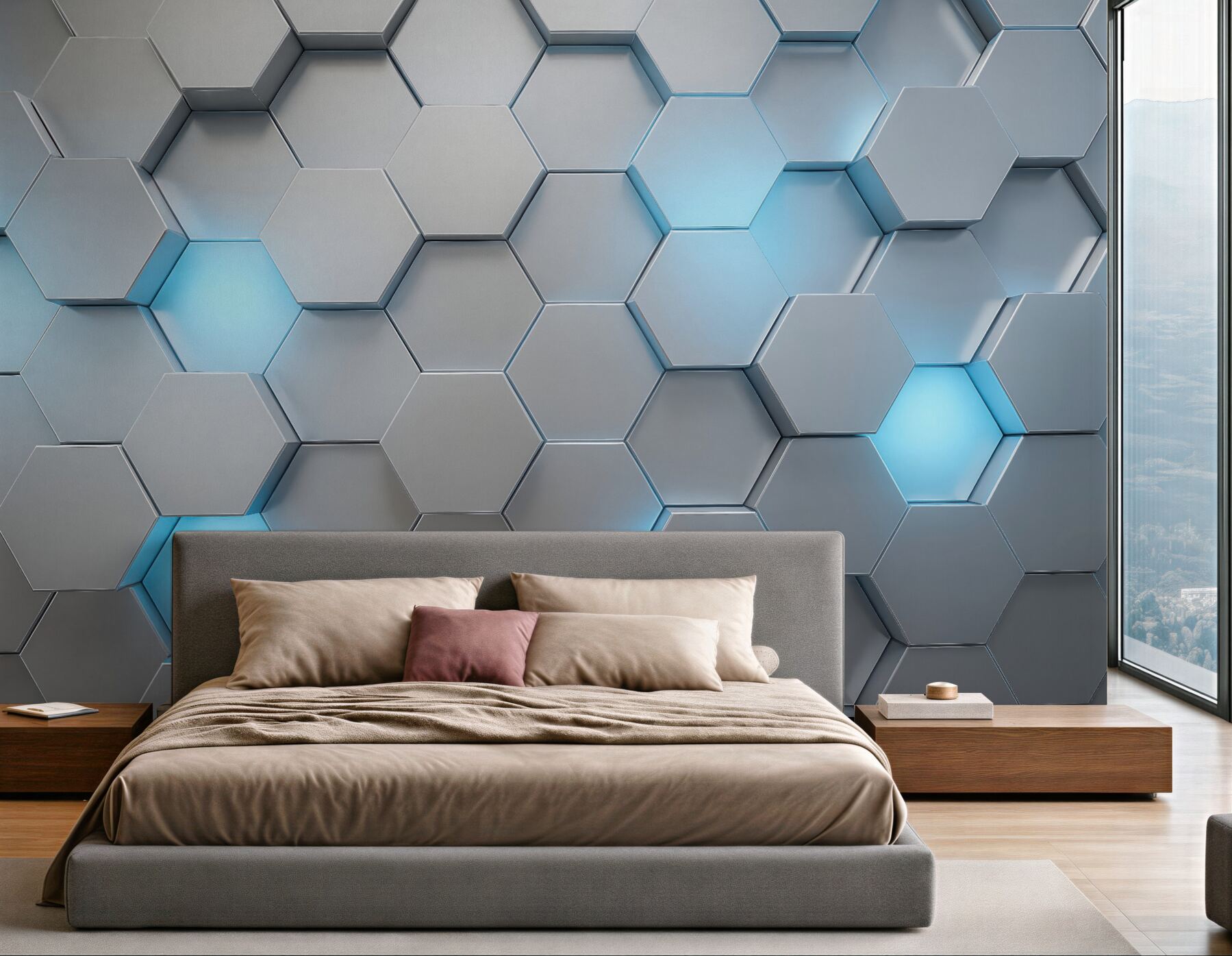 Fototapeta geometryczne heksagony z błękitnym światłem