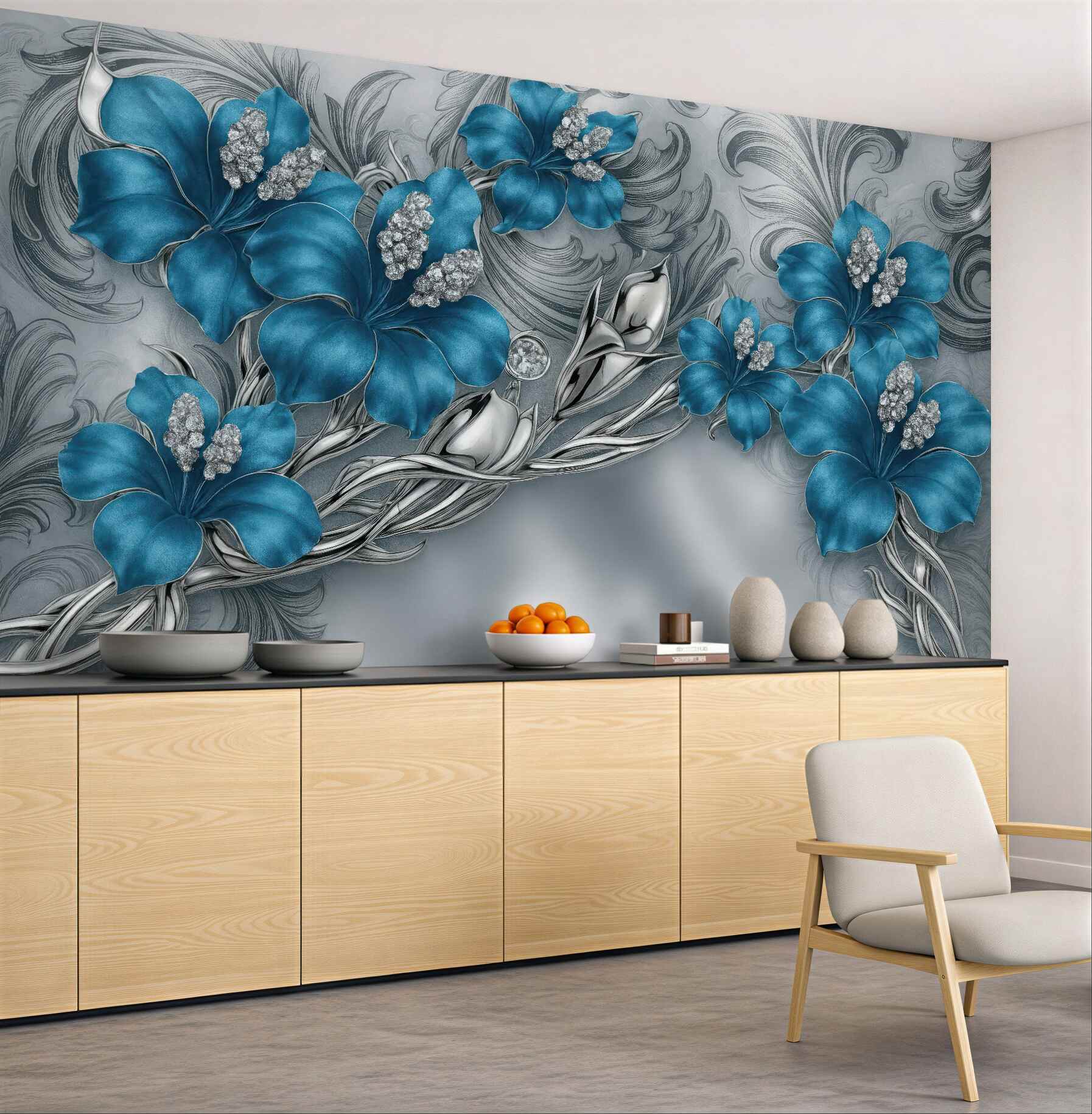 Fototapeta niebieskie kwiaty w srebrnej elegancji