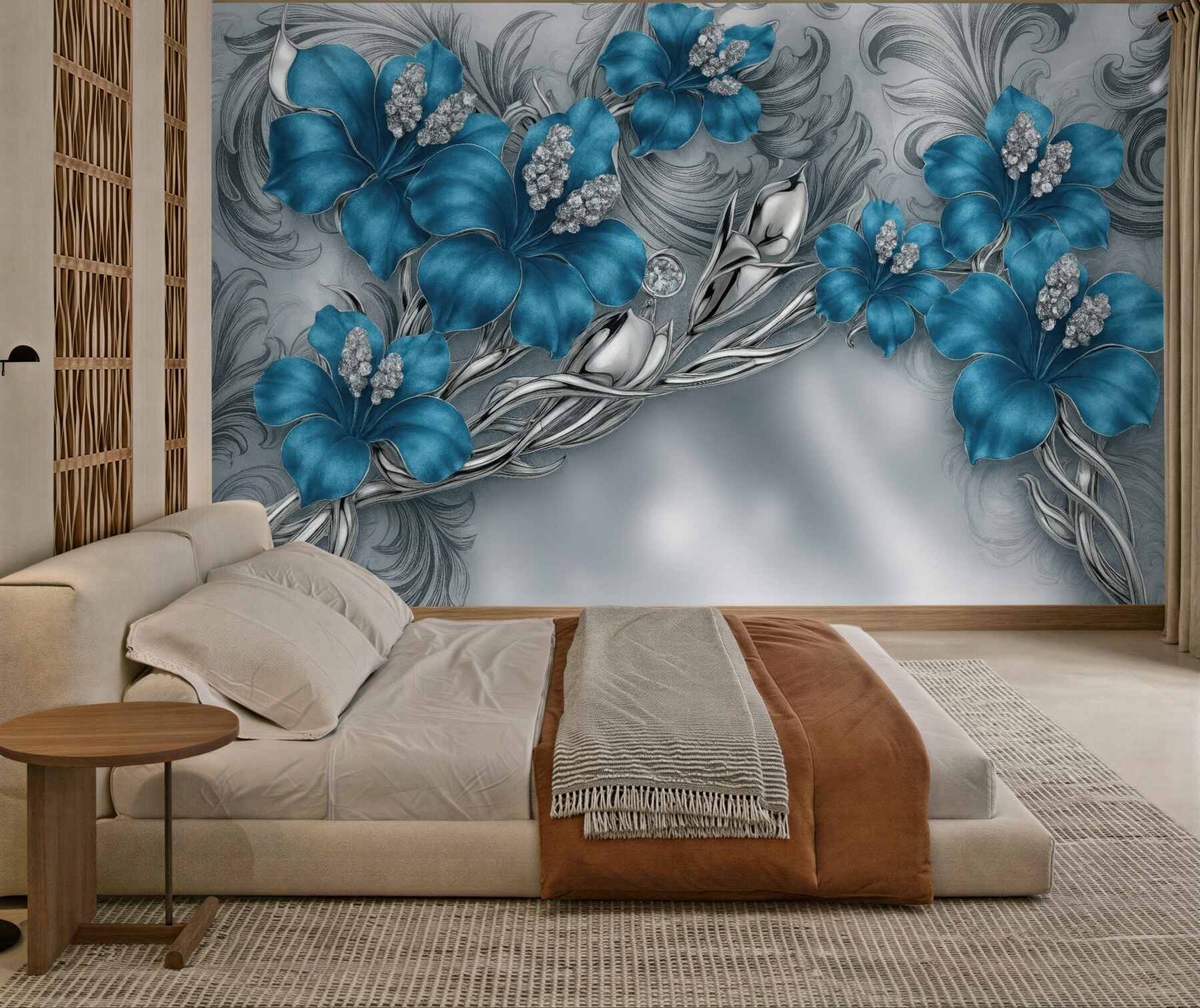 Fototapeta niebieskie kwiaty w srebrnej elegancji