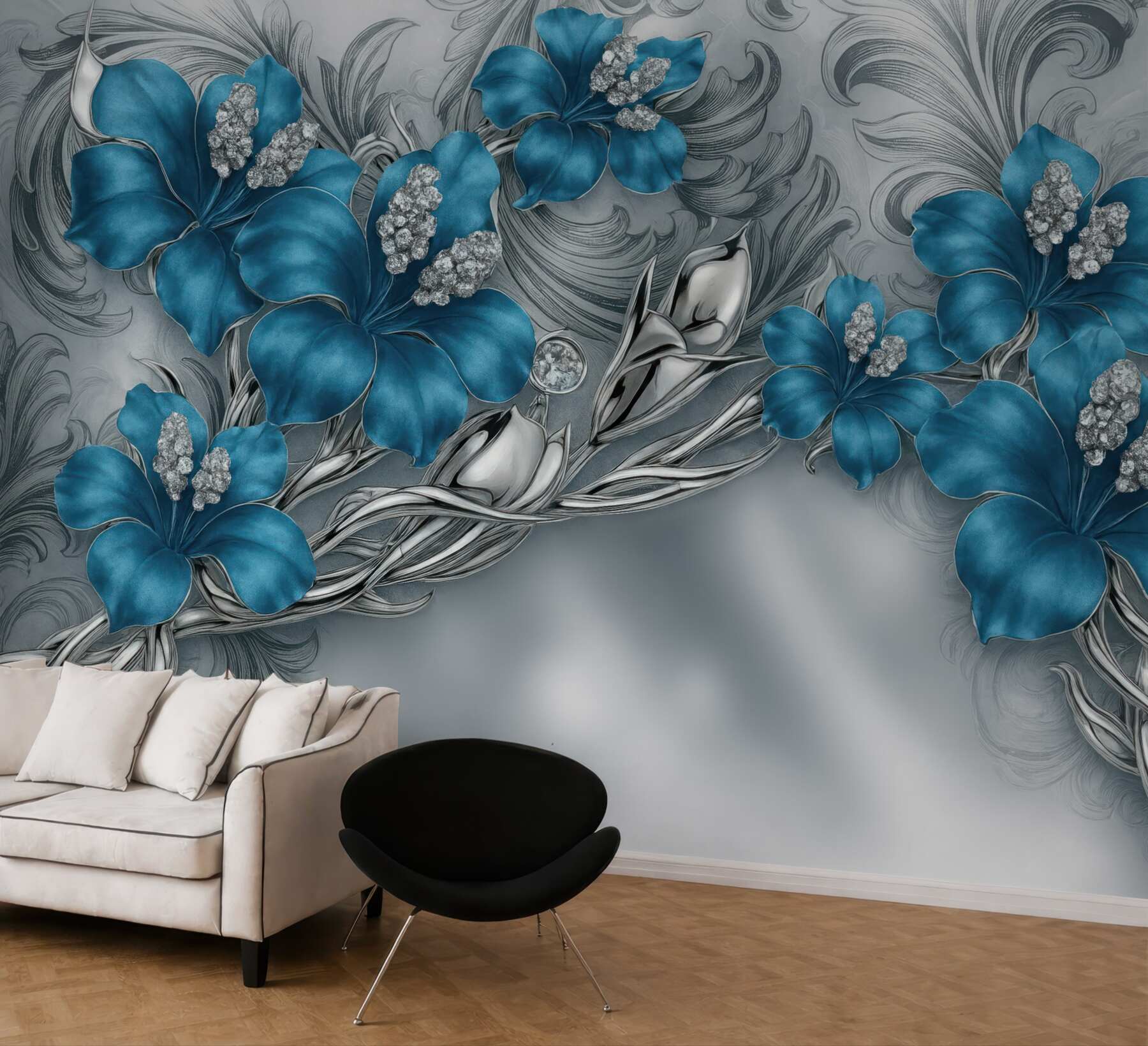 Fototapeta niebieskie kwiaty w srebrnej elegancji