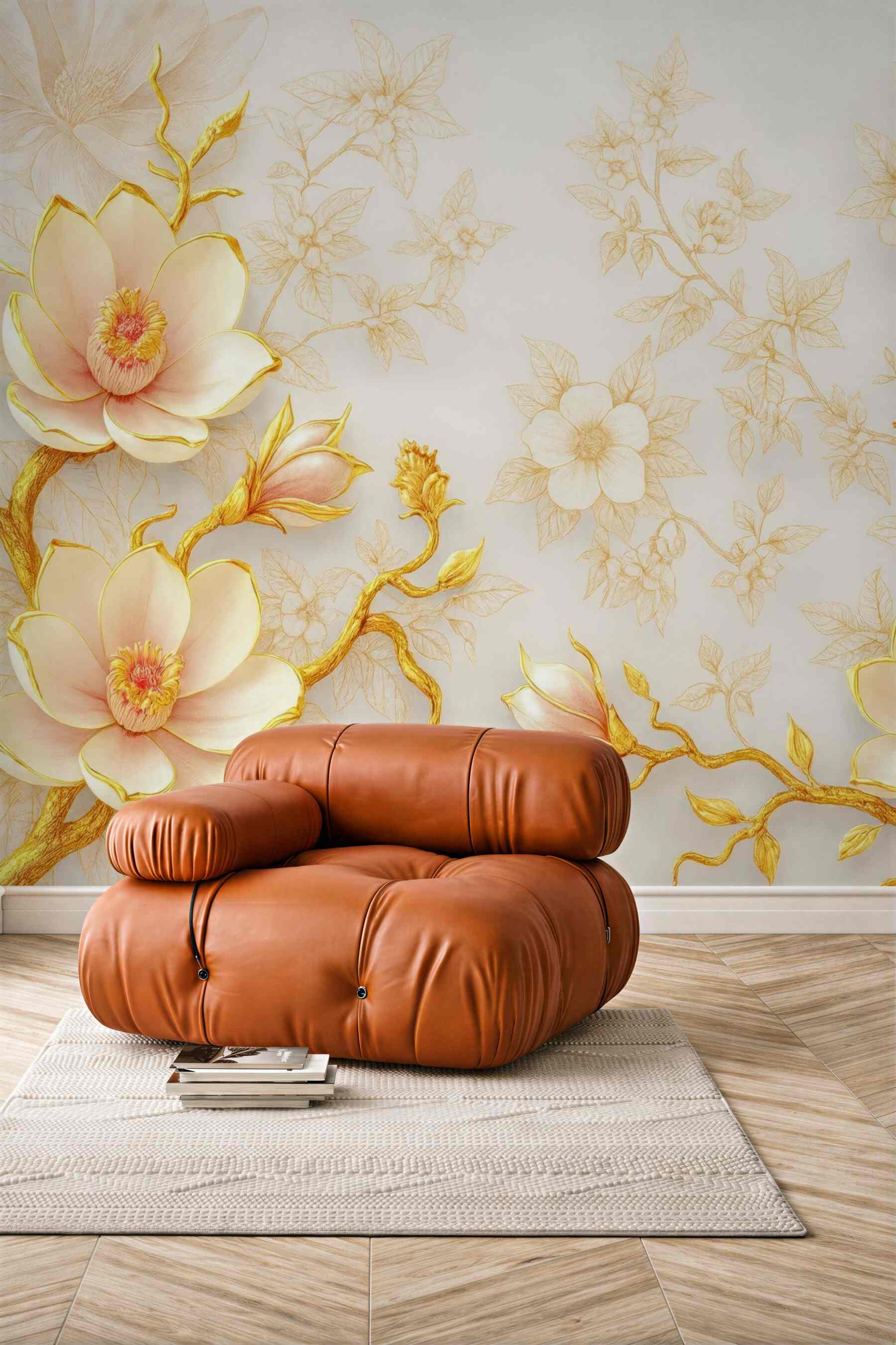 Fototapeta złote magnolie na kremowym tle
