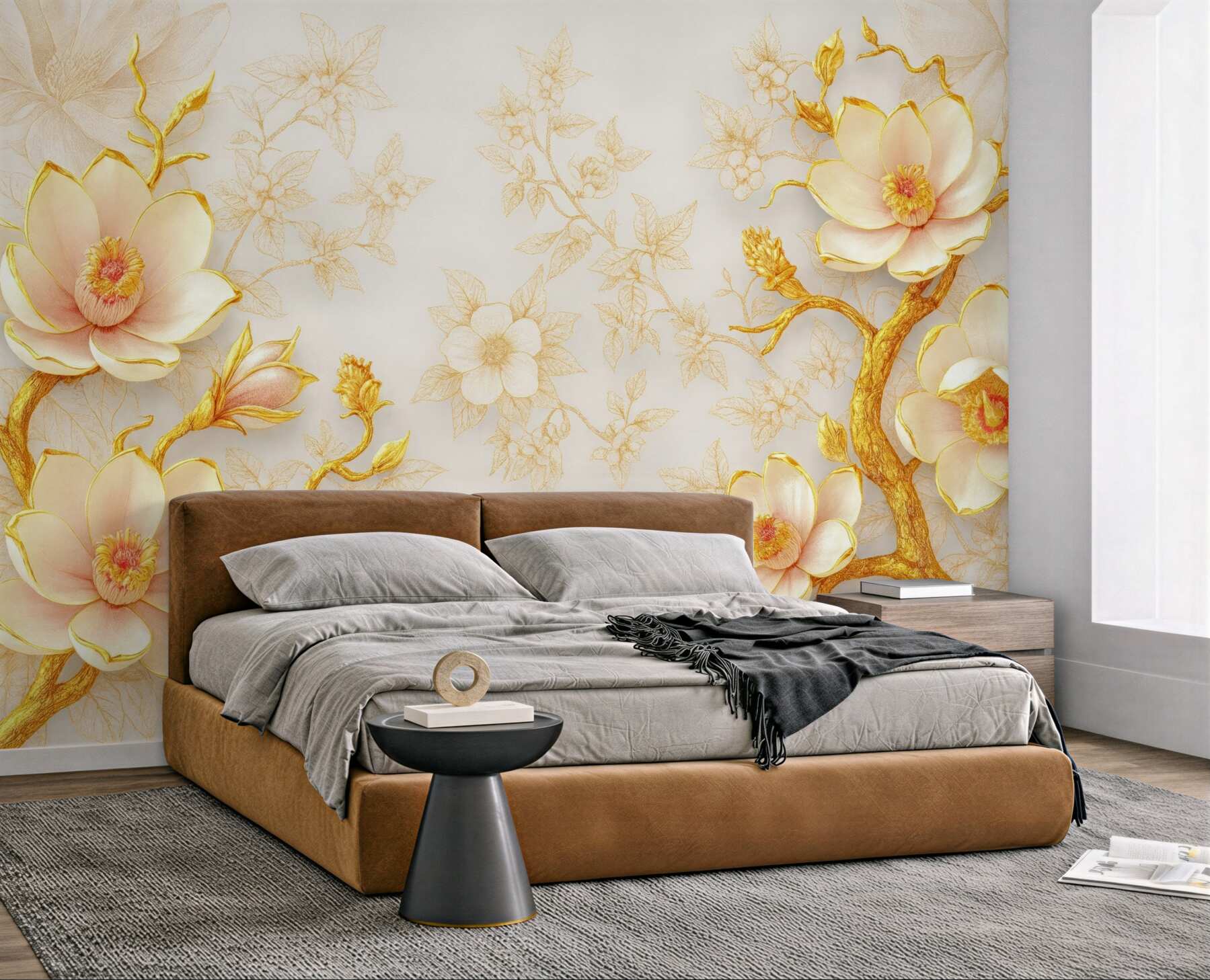 Fototapeta złote magnolie na kremowym tle