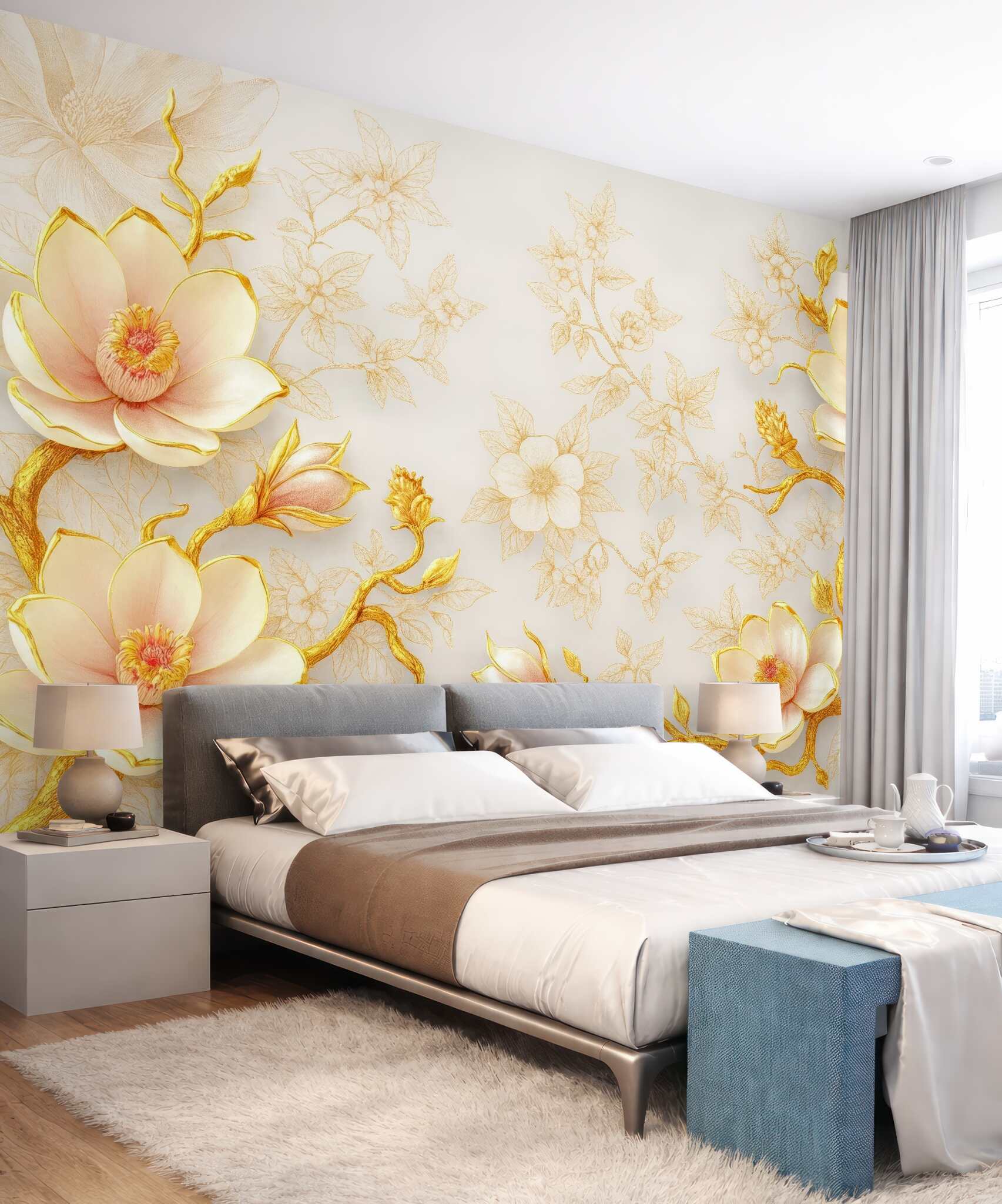 Fototapeta złote magnolie na kremowym tle