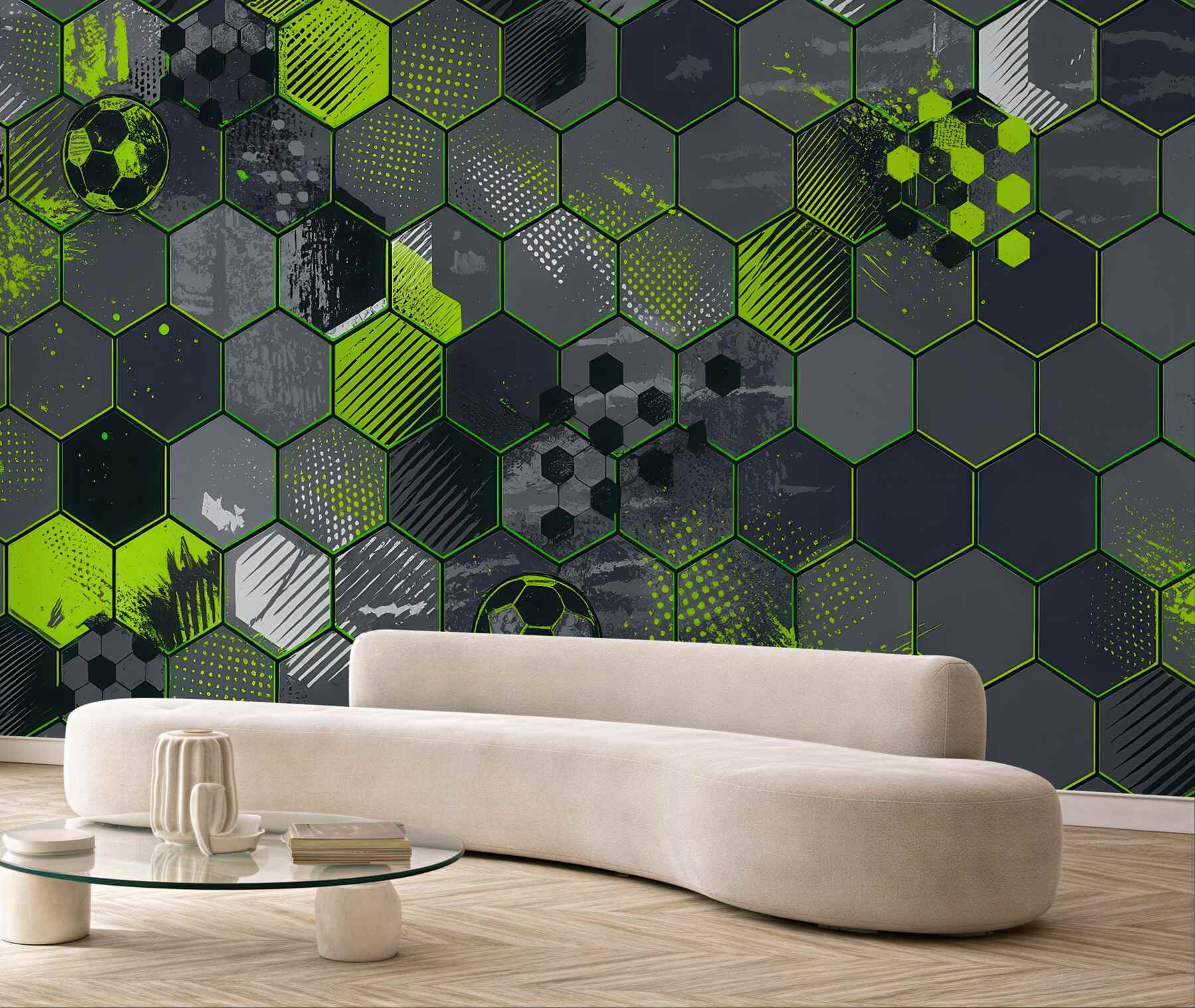 Fototapeta piłkarska mozaika neonowych hexagonów