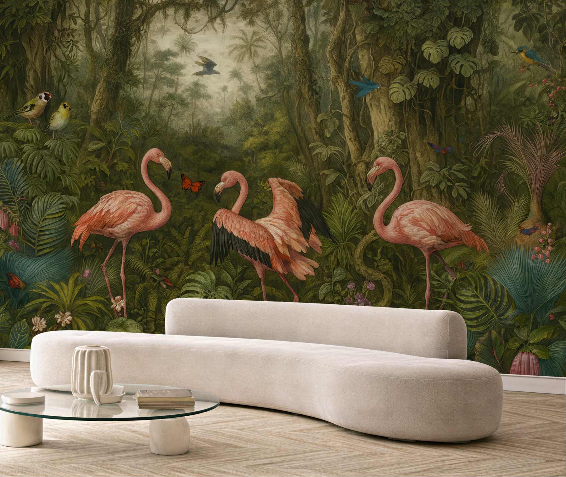 Fototapeta flamingi w tajemniczej tropikalnej dżungli