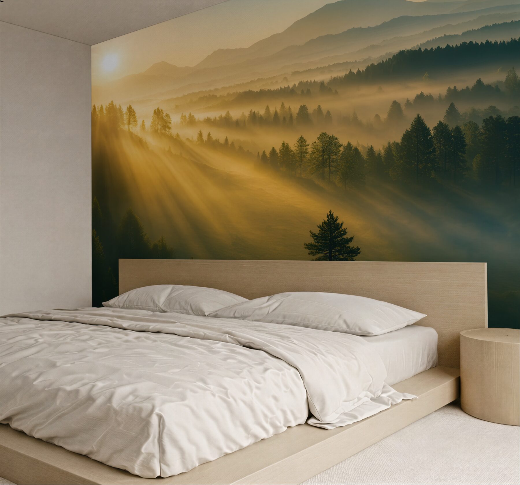 Fototapeta złoty świt nad mglistym lasem