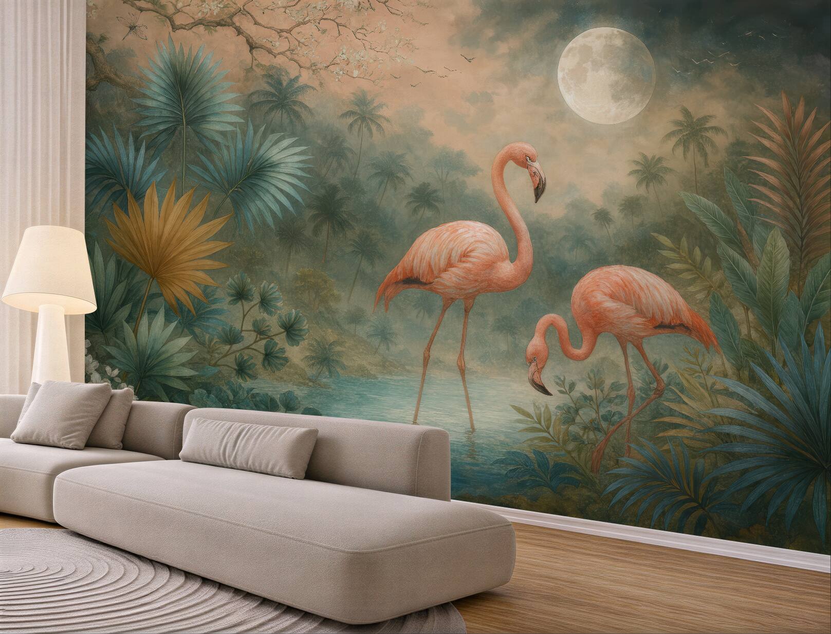 Fototapeta flamingi w księżycowej tropikalnej lagunie