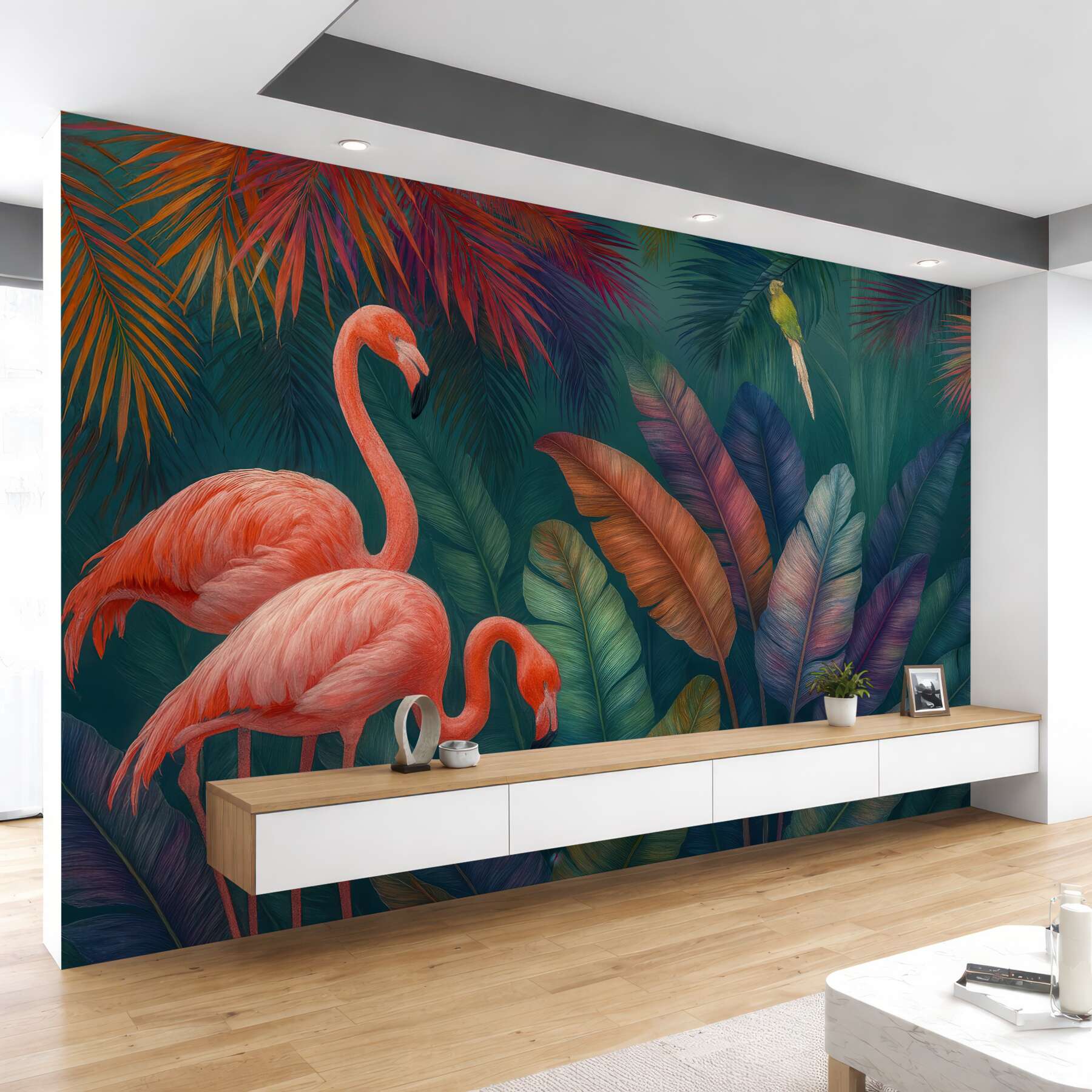 Fototapeta tropikalne flamingi w barwnej dżungli