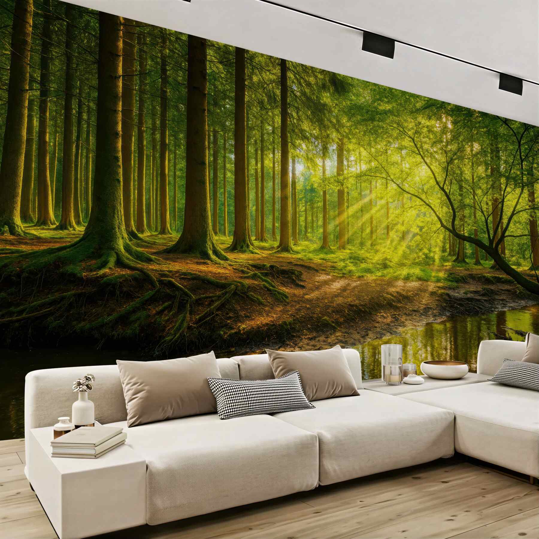 Fototapeta słoneczny las nad spokojnym strumykiem