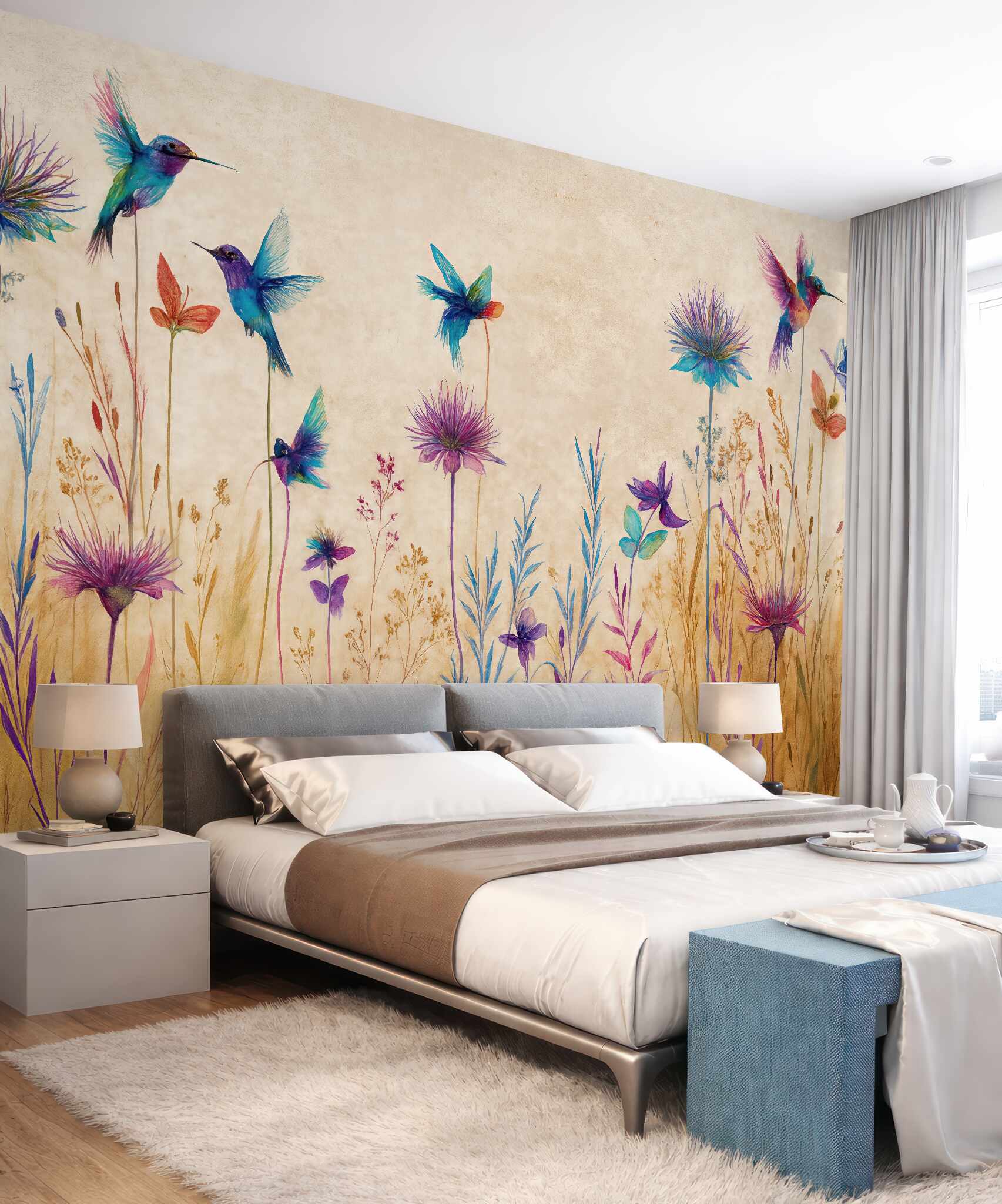 Fototapeta kolibry i polne kwiaty akwarelą