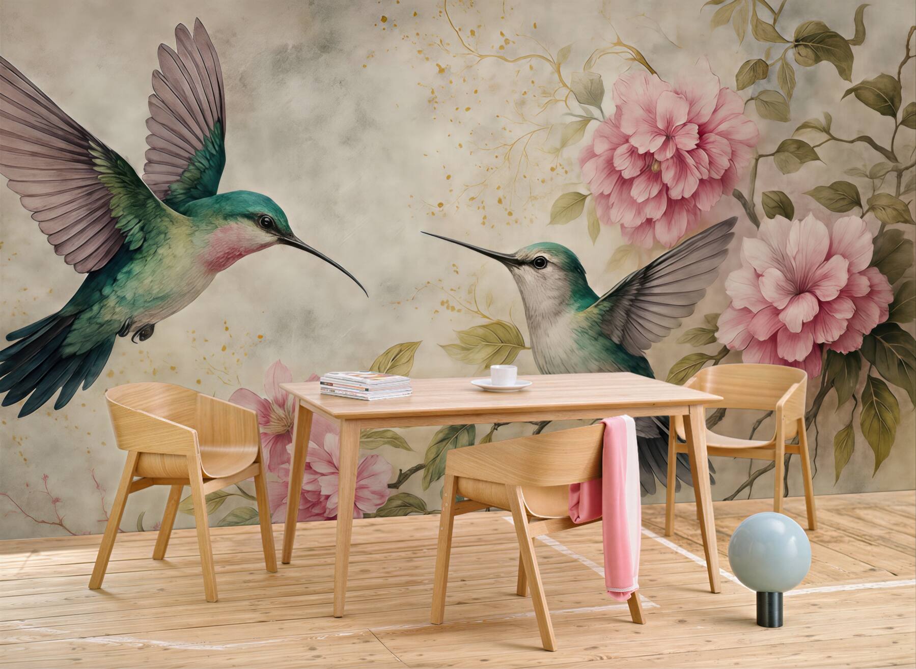 Fototapeta kolibry i różowe kwiaty vintage