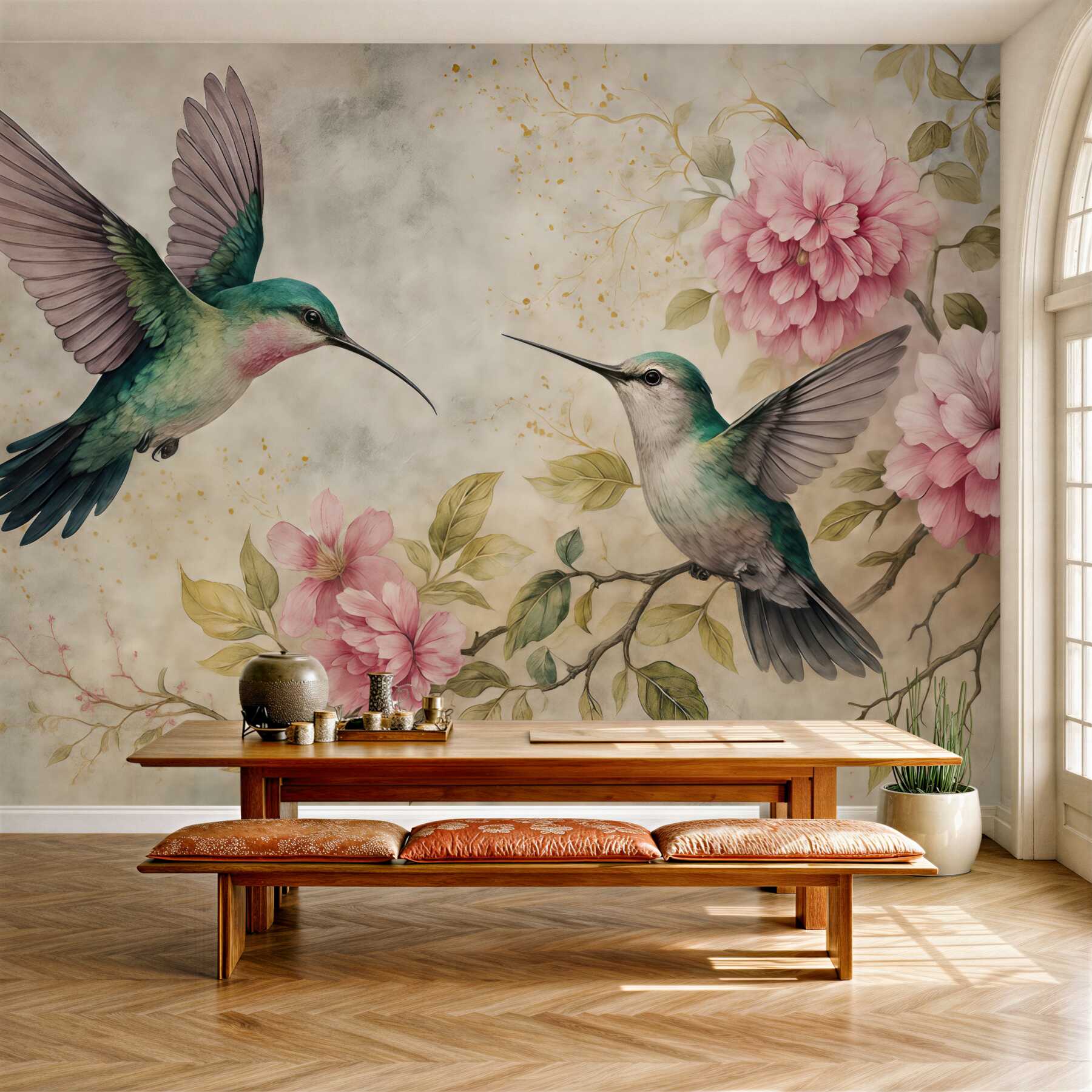 Fototapeta kolibry i różowe kwiaty vintage