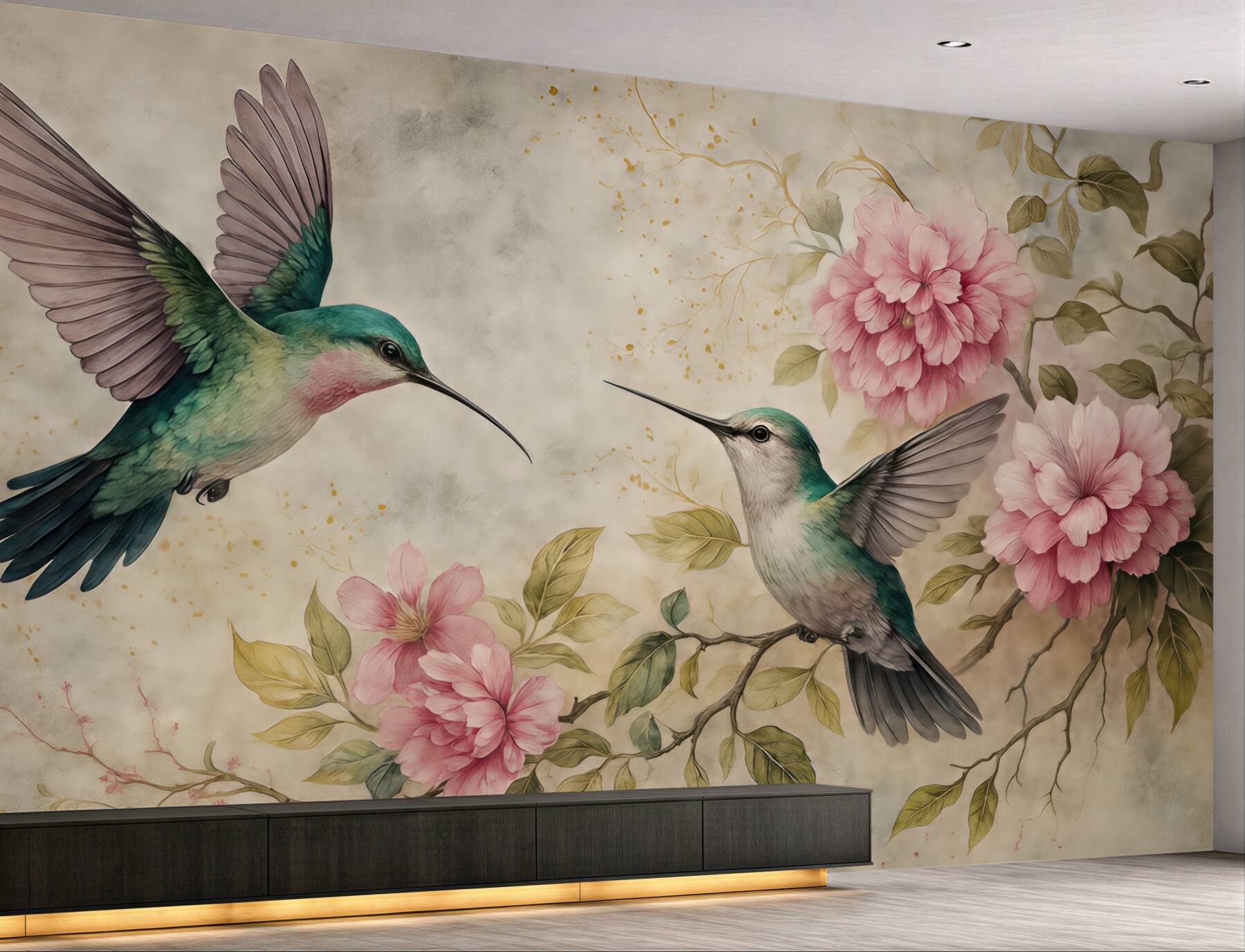 Fototapeta kolibry i różowe kwiaty vintage