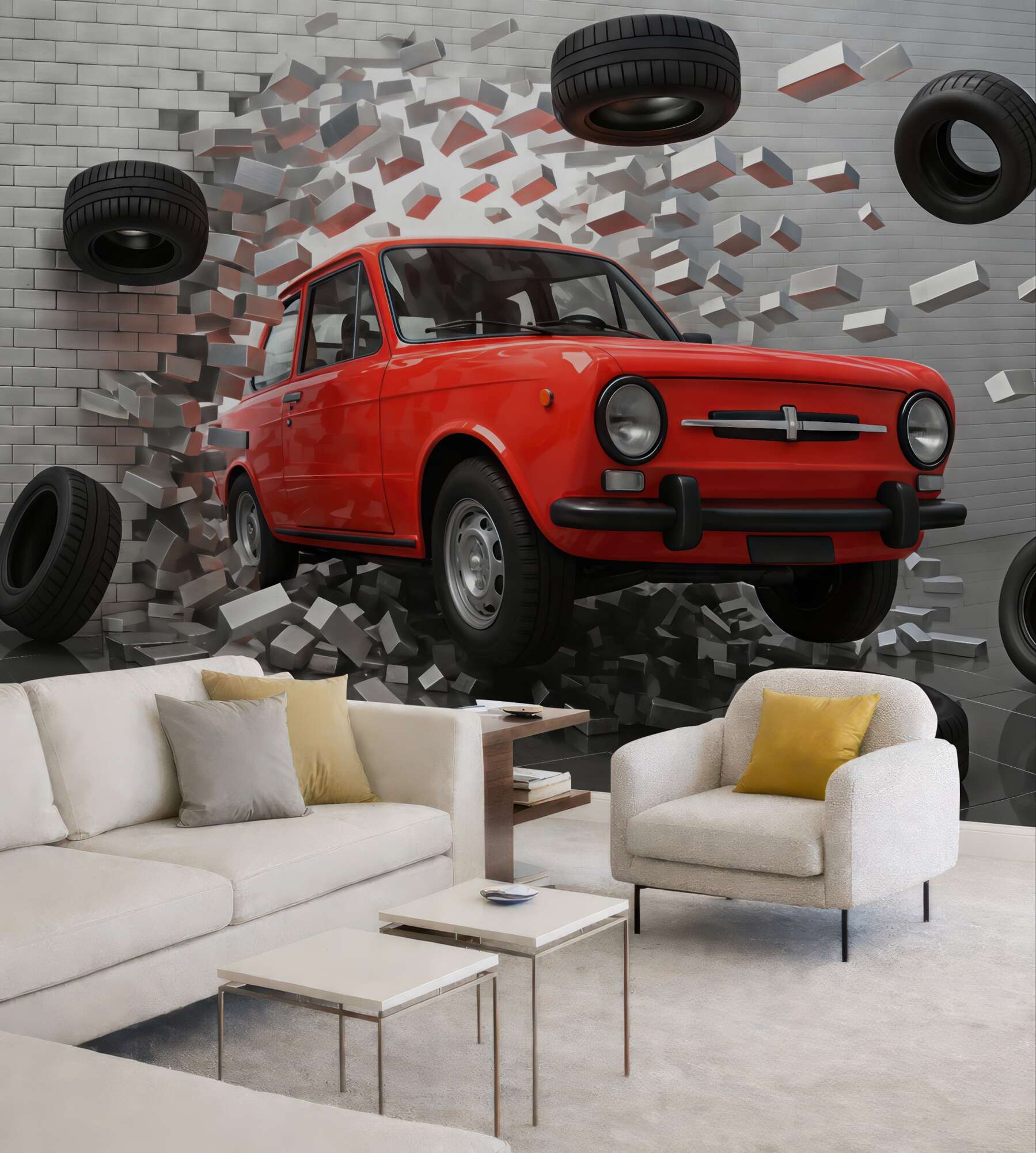 Fototapeta czerwony samochód przebijający ścianę