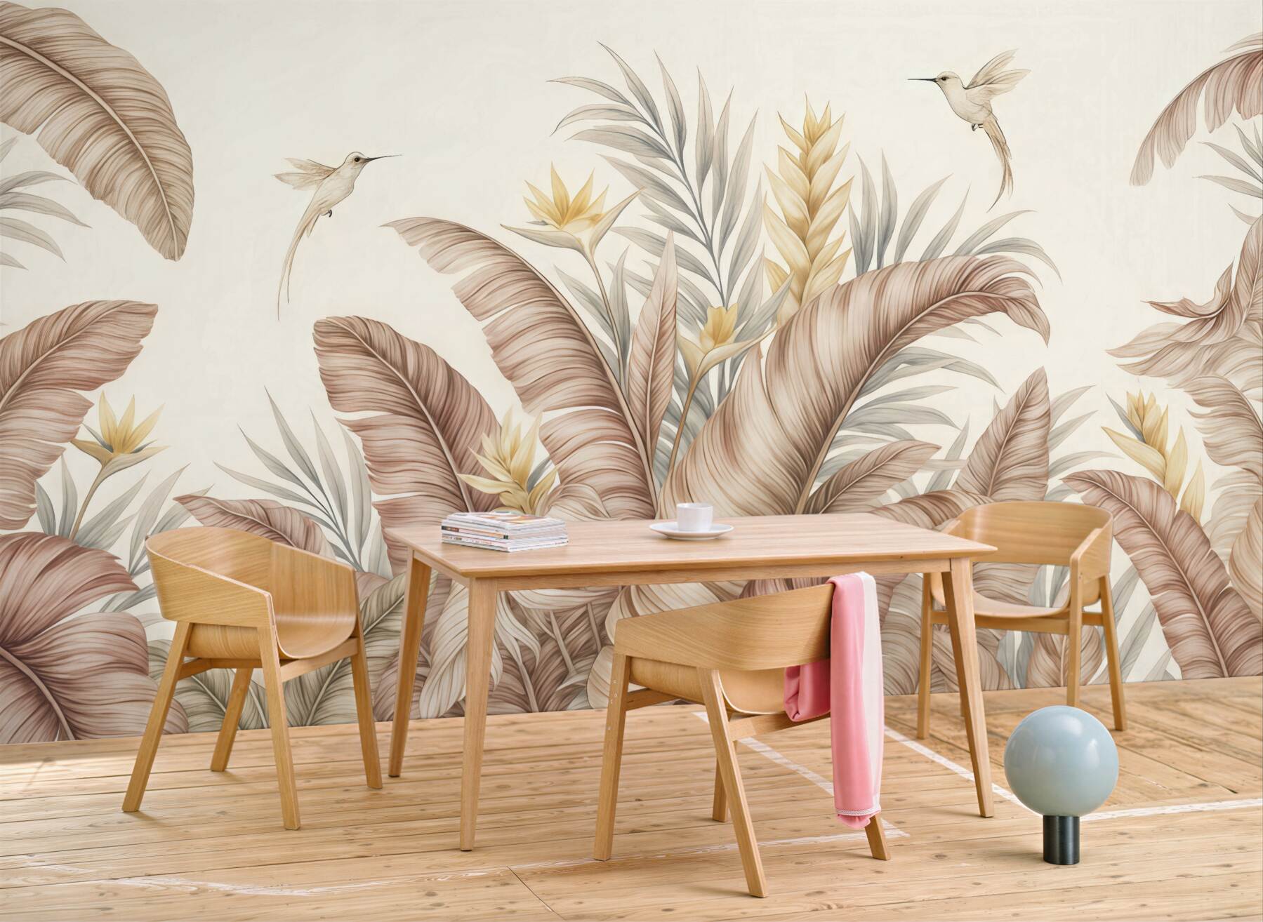 Fototapeta pastelowa dżungla z kolibrami