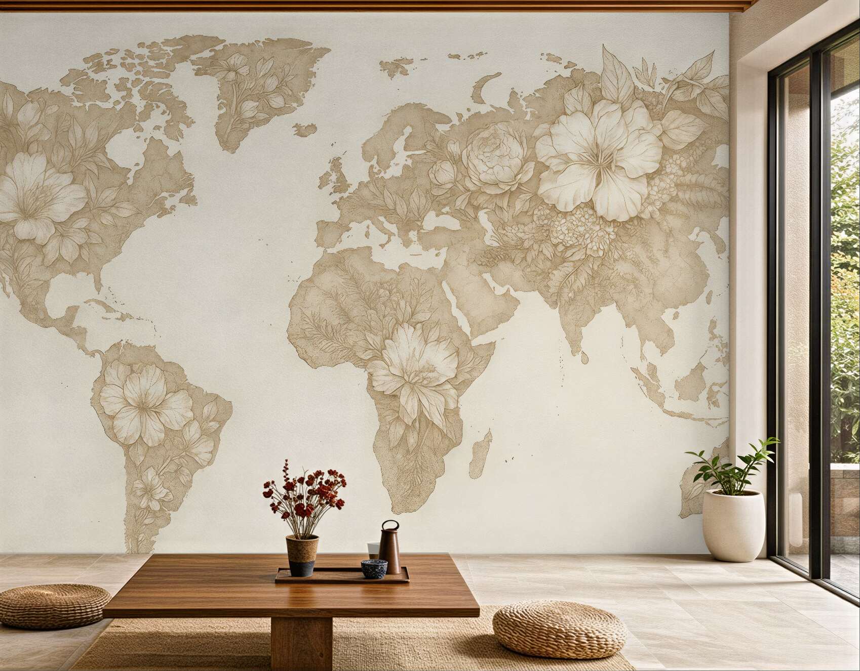 Fototapeta kwiatowa mapa świata w sepii