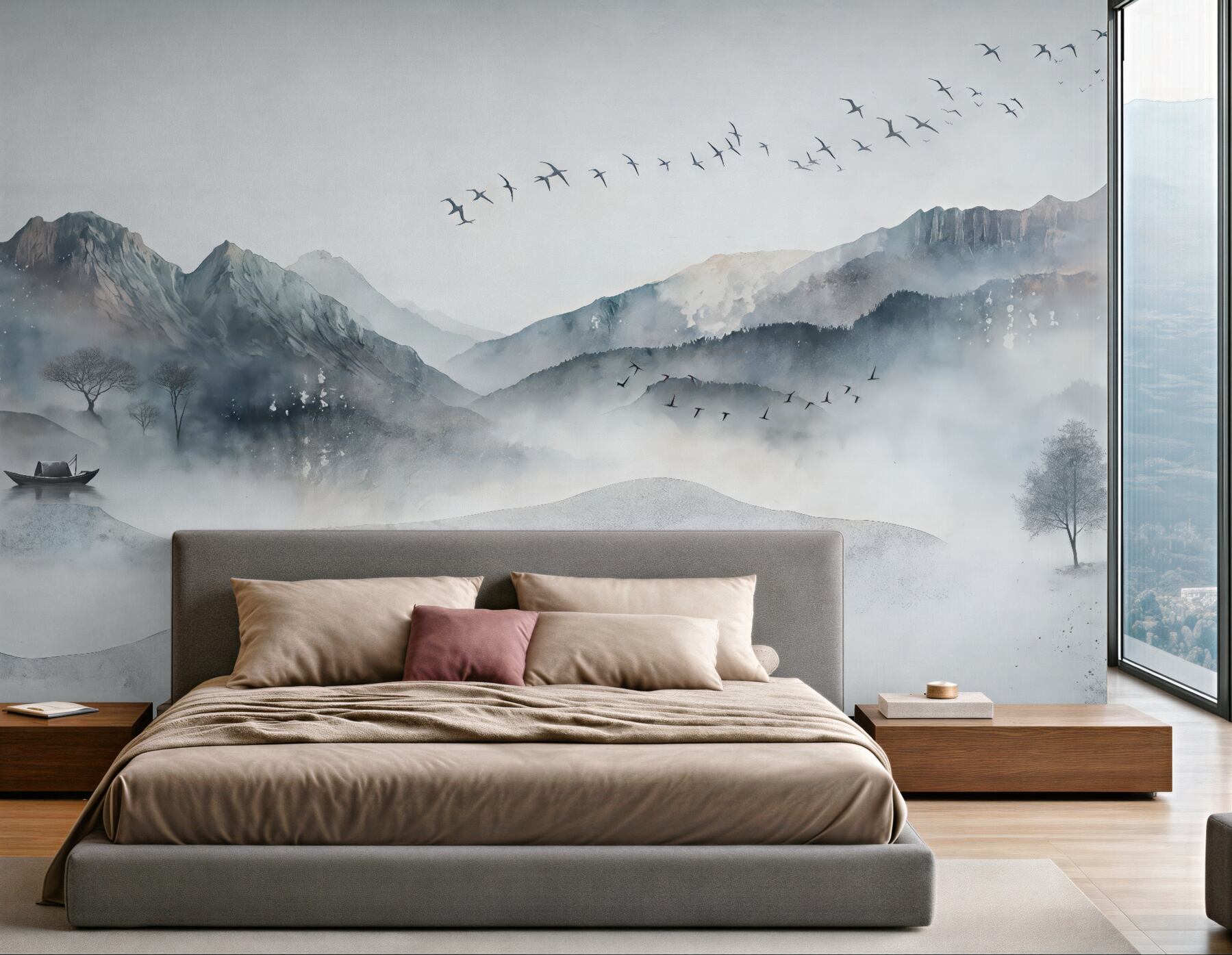 Fototapeta mglista dolina gór z żurawiami