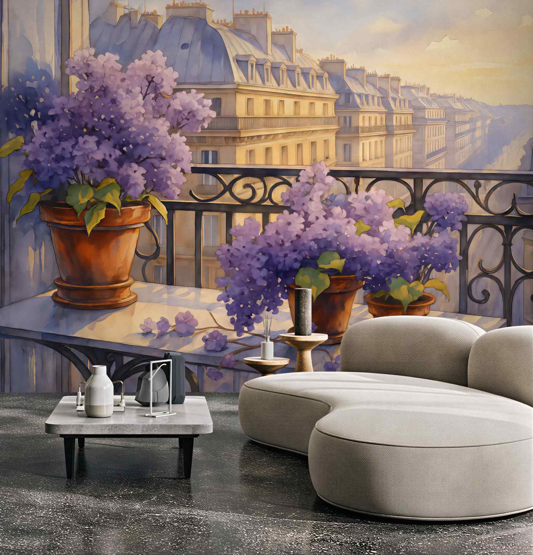 Fototapeta lawendowy balkon w paryskim poranku