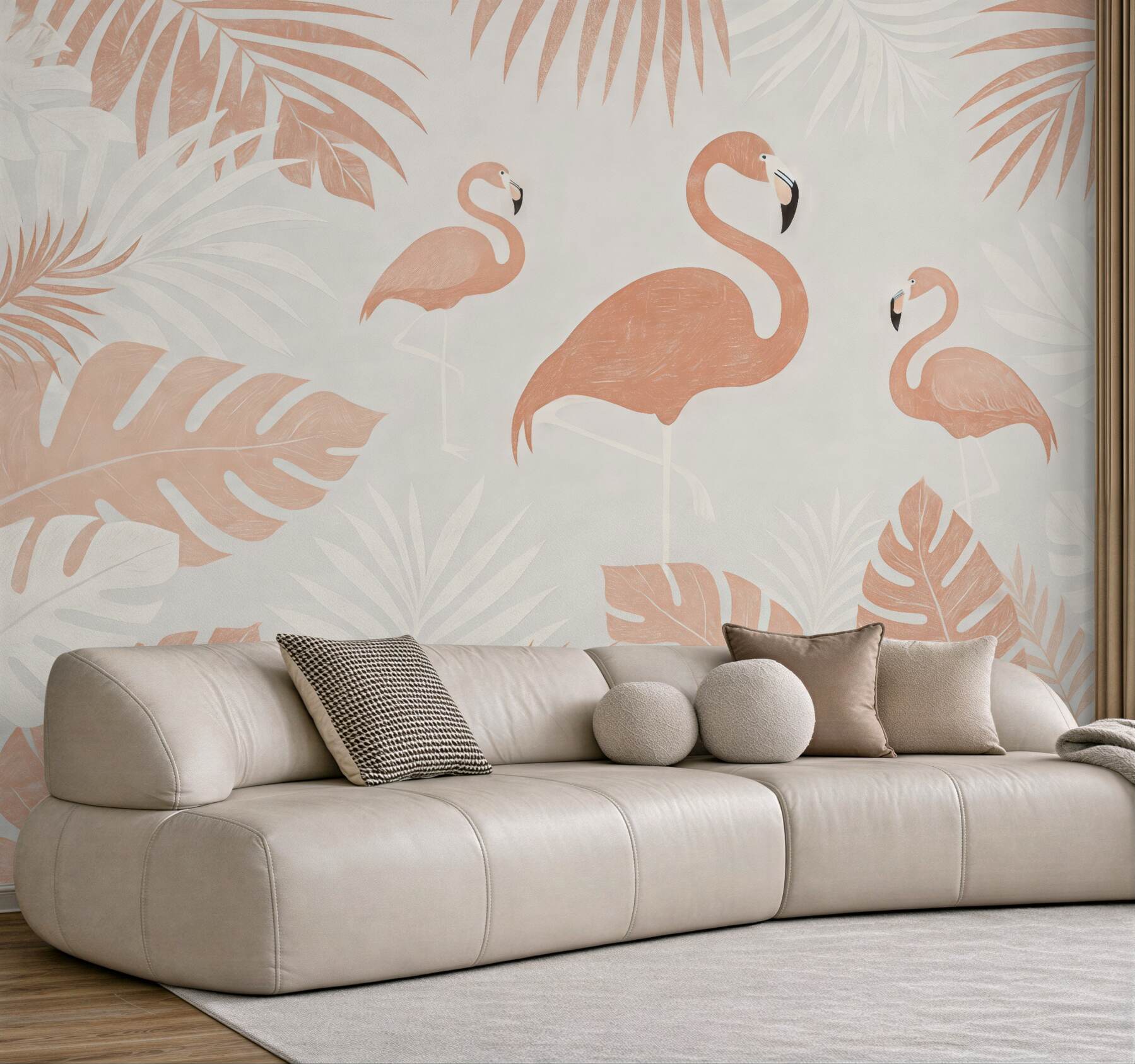 Fototapeta pudrowe flamingi w tropikalnych liściach