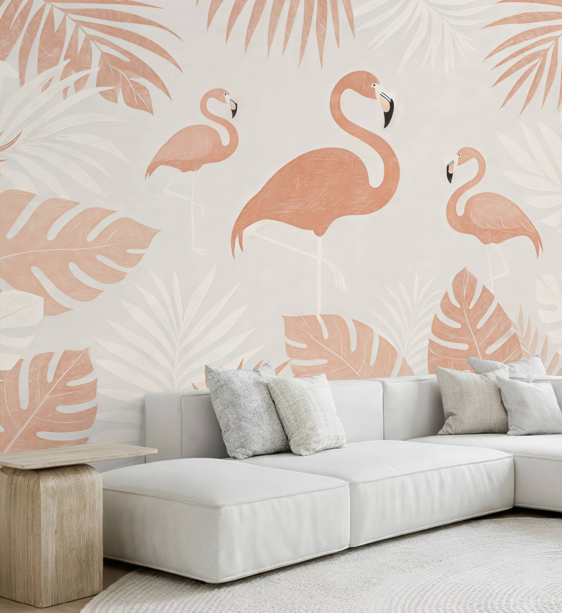 Fototapeta pudrowe flamingi w tropikalnych liściach