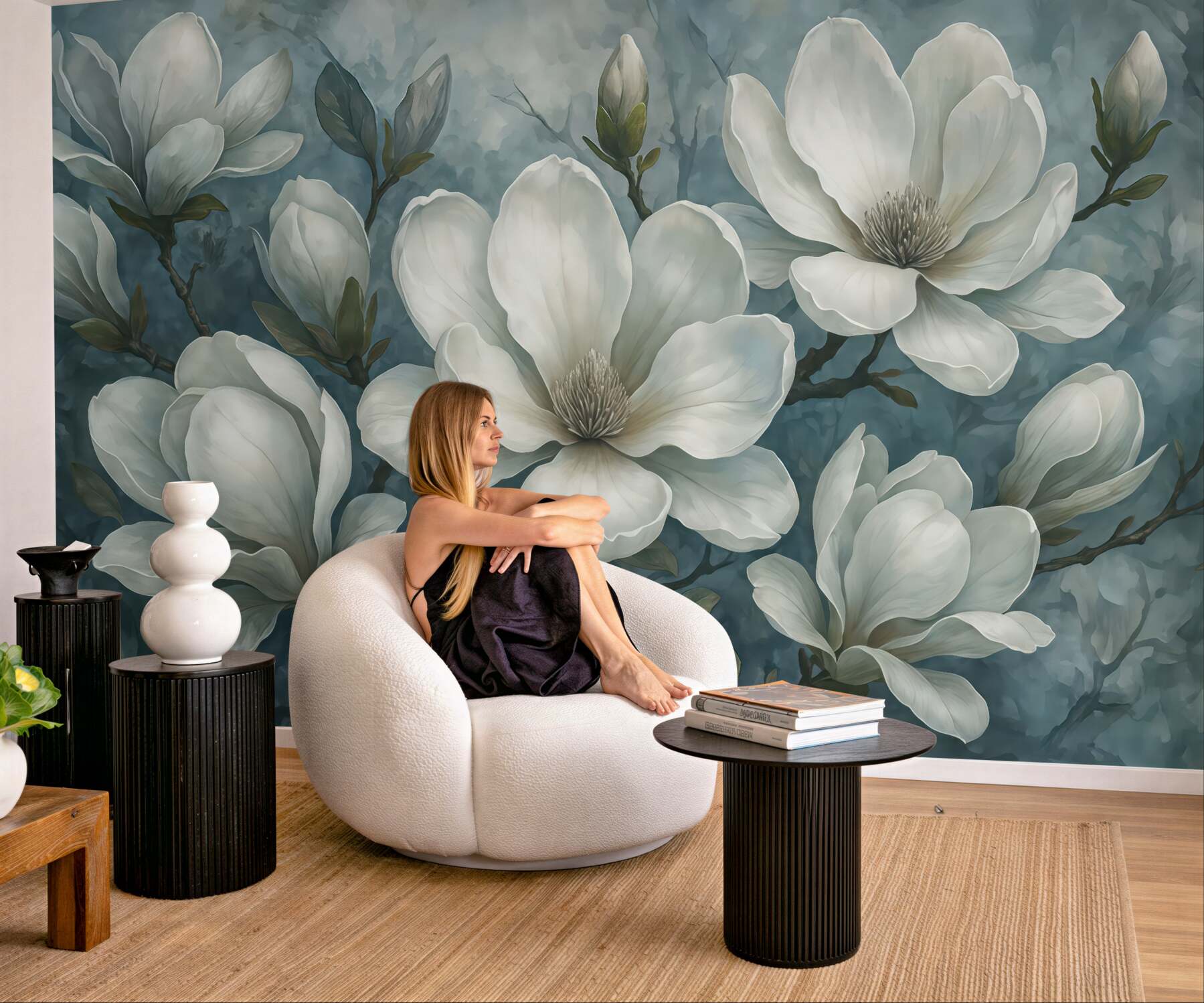 Fototapeta eleganckie białe magnolie w błękicie