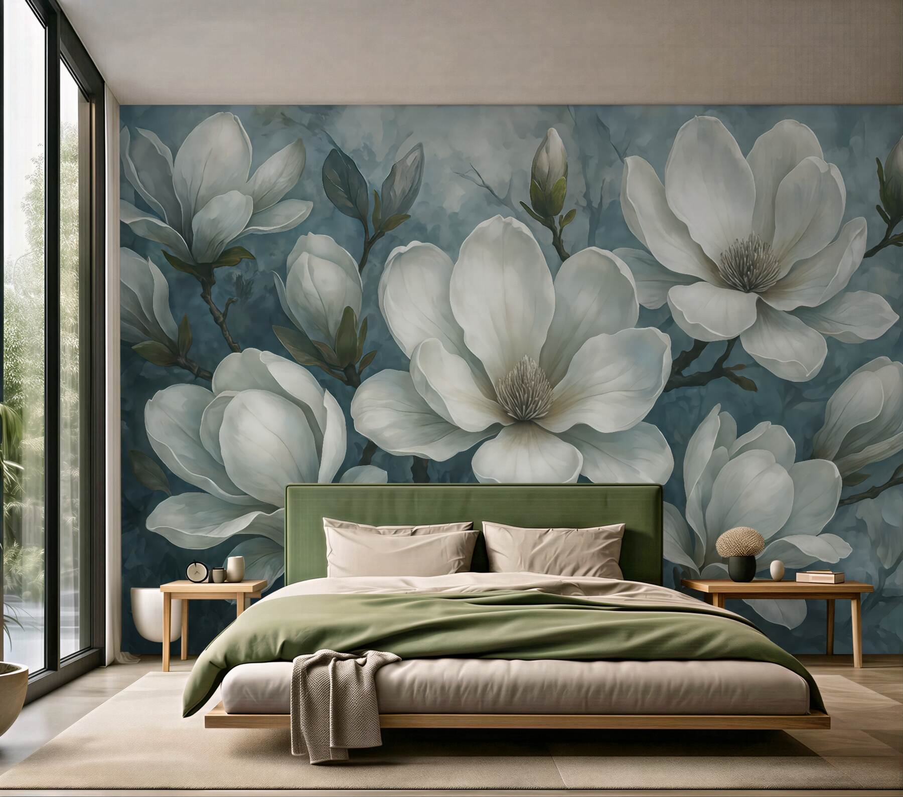 Fototapeta eleganckie białe magnolie w błękicie