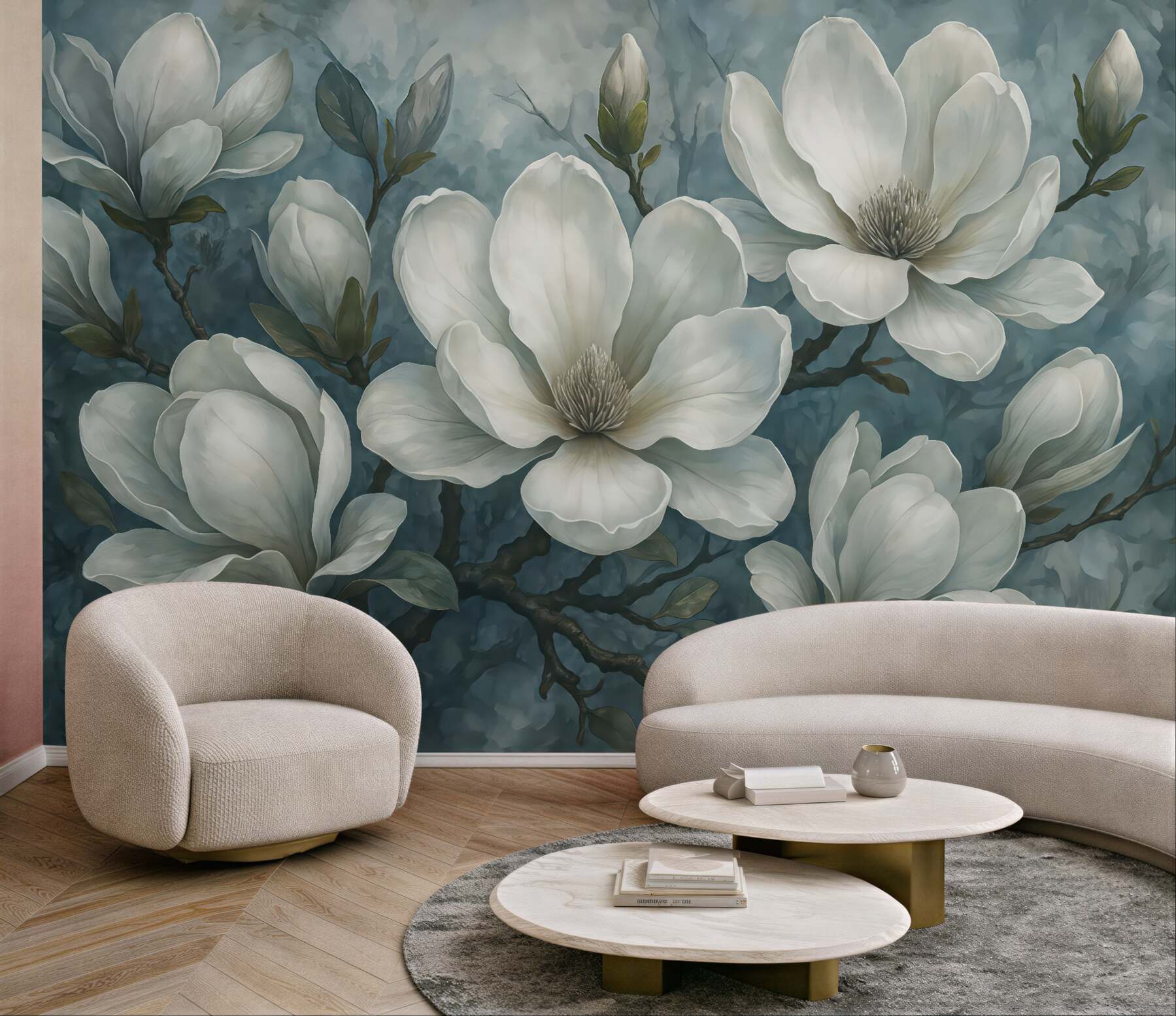 Fototapeta eleganckie białe magnolie w błękicie
