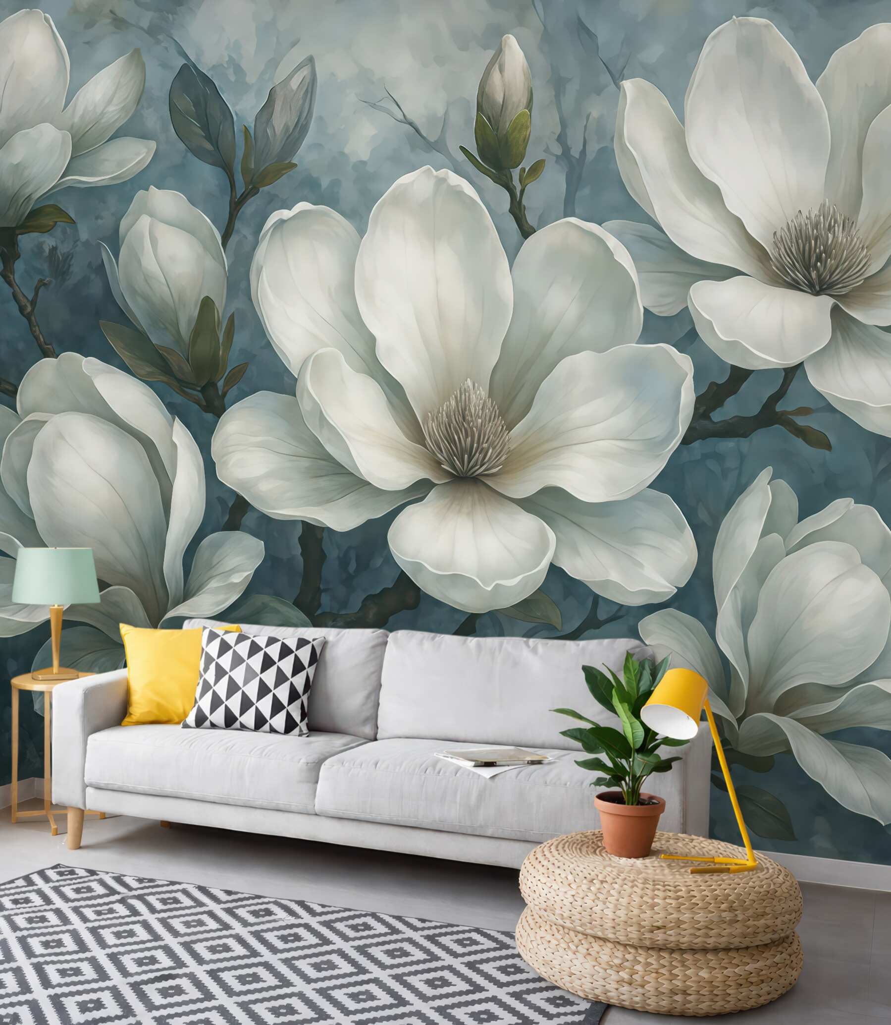 Fototapeta eleganckie białe magnolie w błękicie