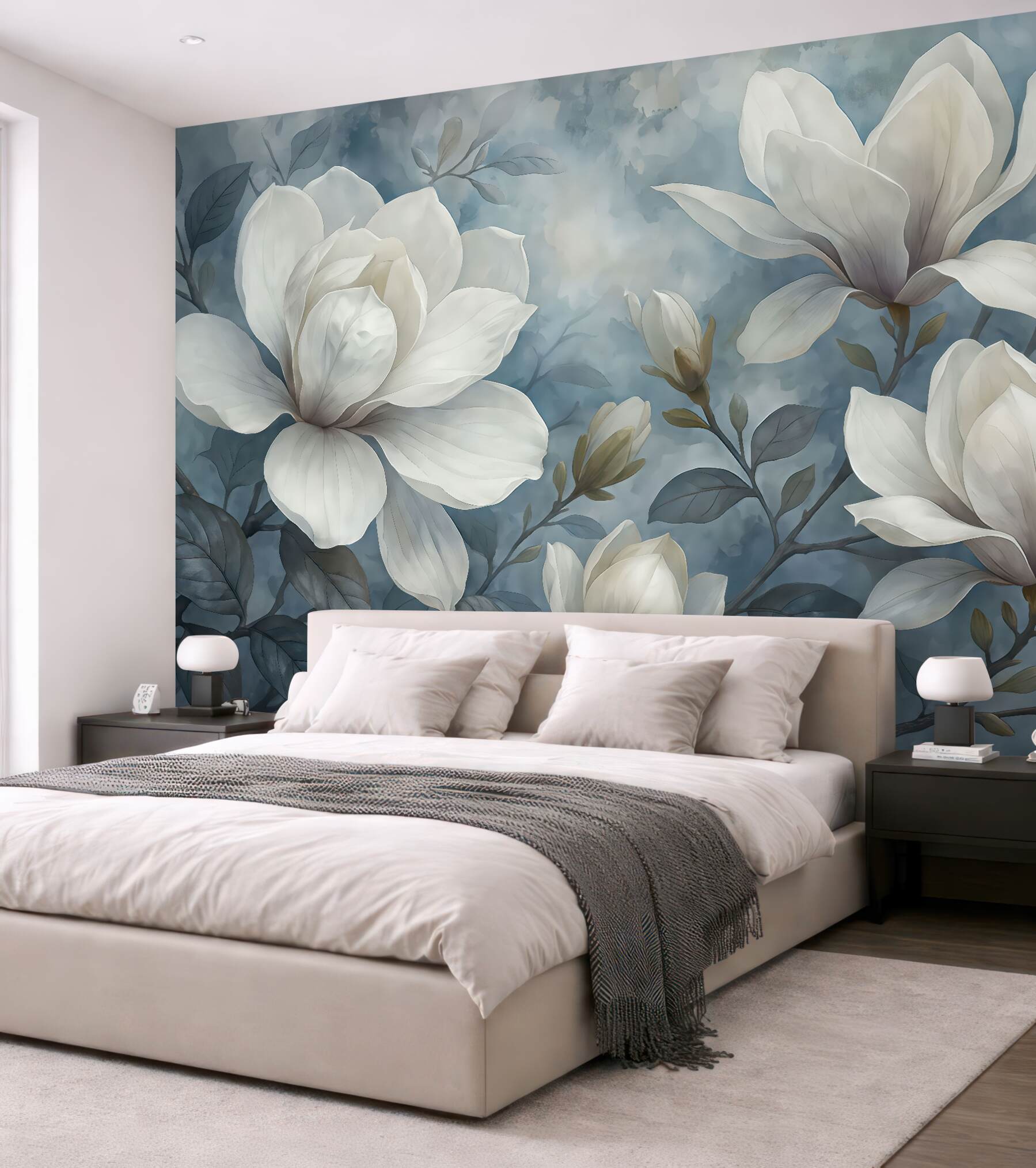 Fototapeta białe magnolie na błękitnym tle
