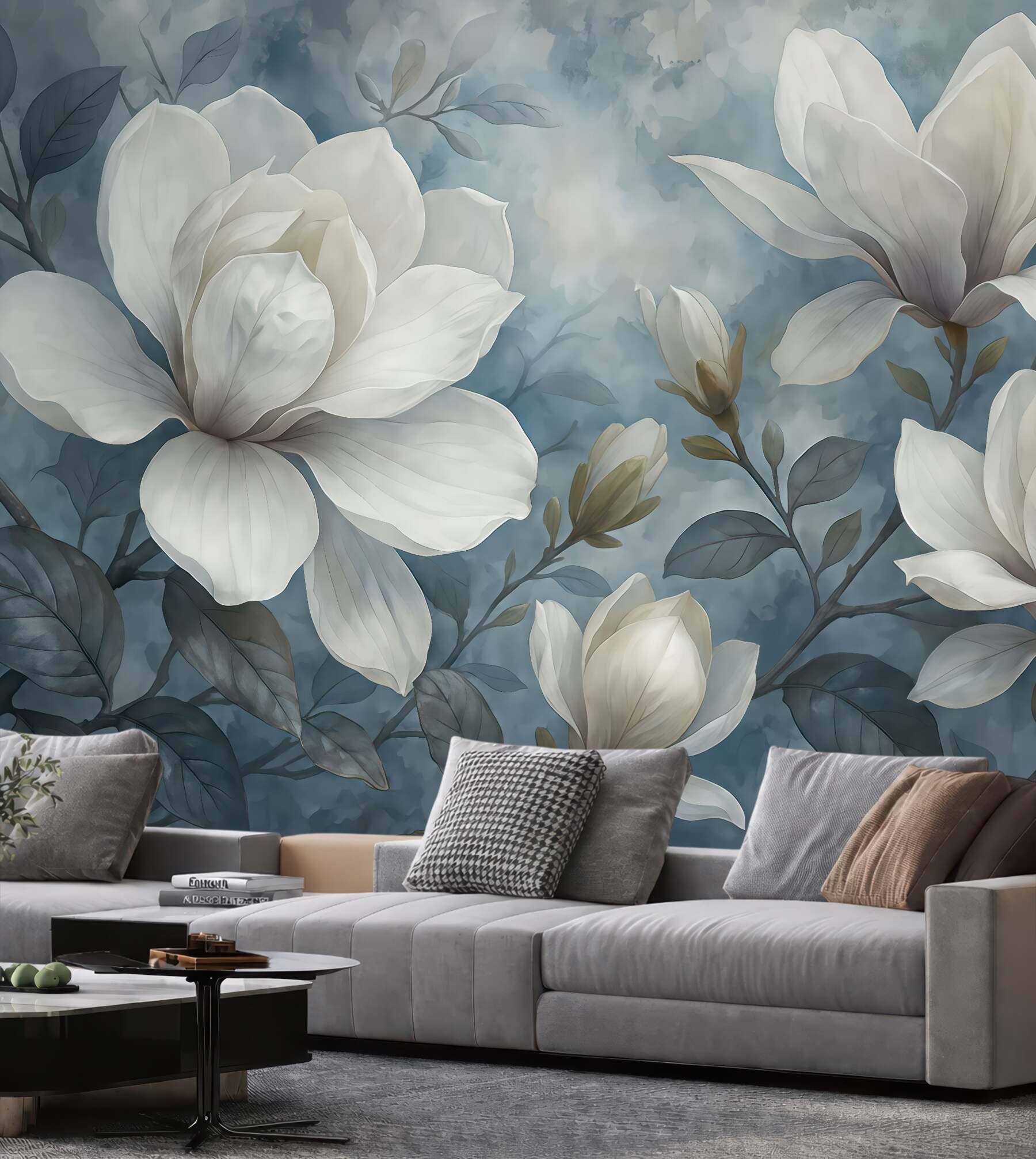 Fototapeta białe magnolie na błękitnym tle