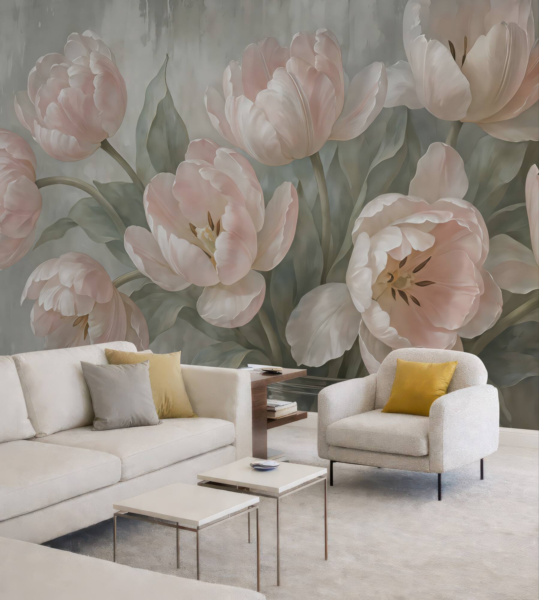 Fototapeta pudrowe tulipany w romantycznym bukiecie