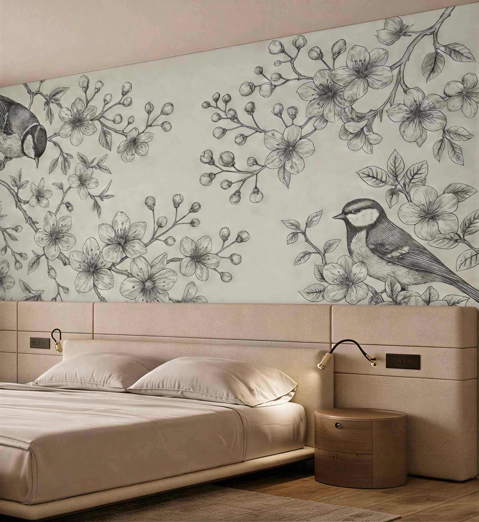Fototapeta szkic ptaków w kwiecie wiśni