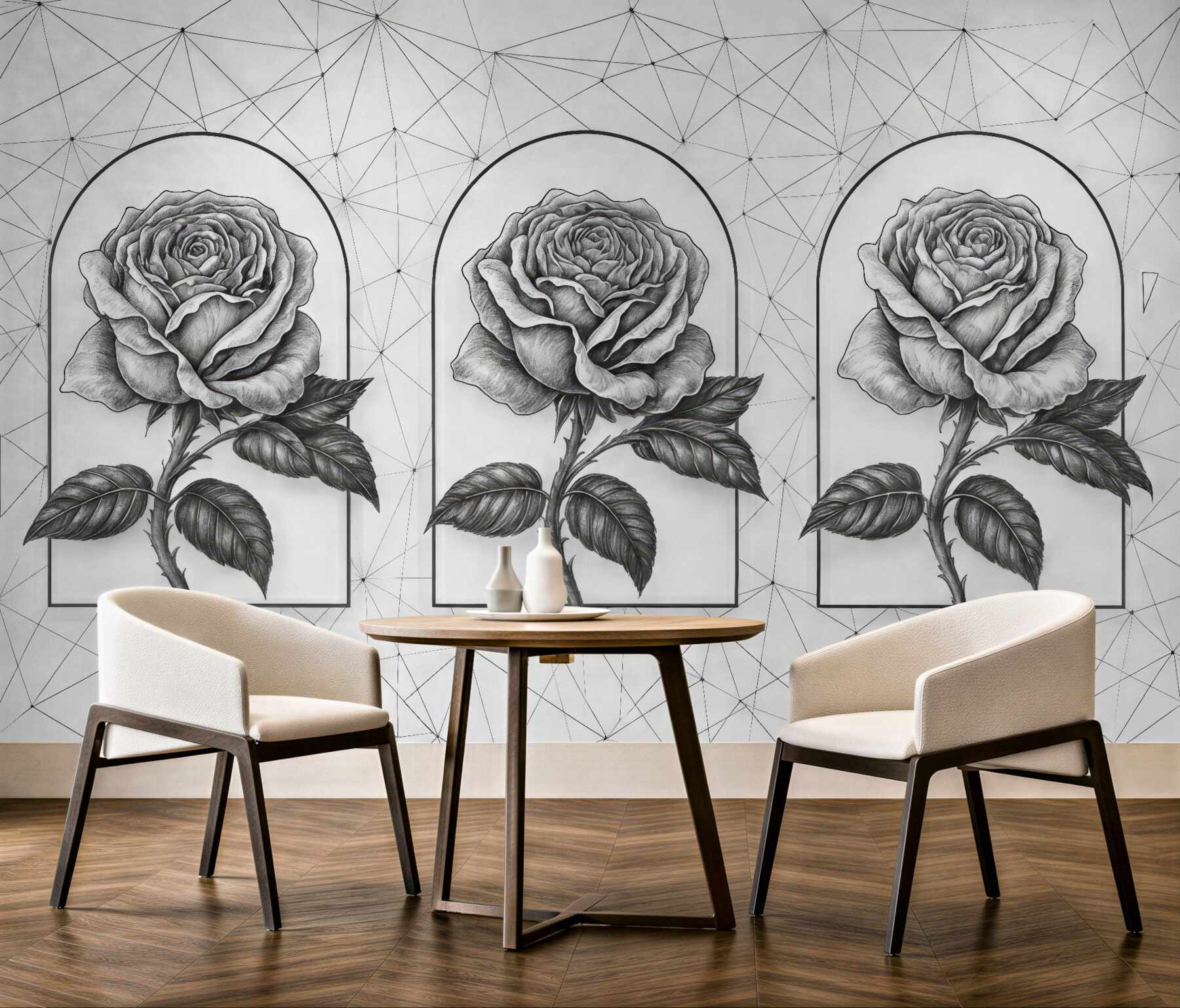 Fototapeta trzy róże w geometrycznych arkadach