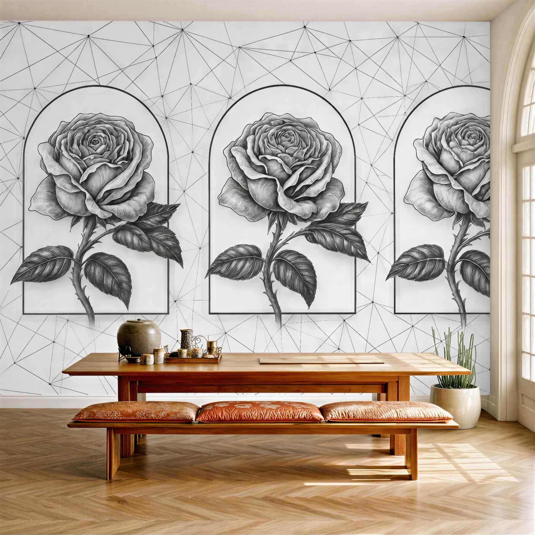 Fototapeta trzy róże w geometrycznych arkadach