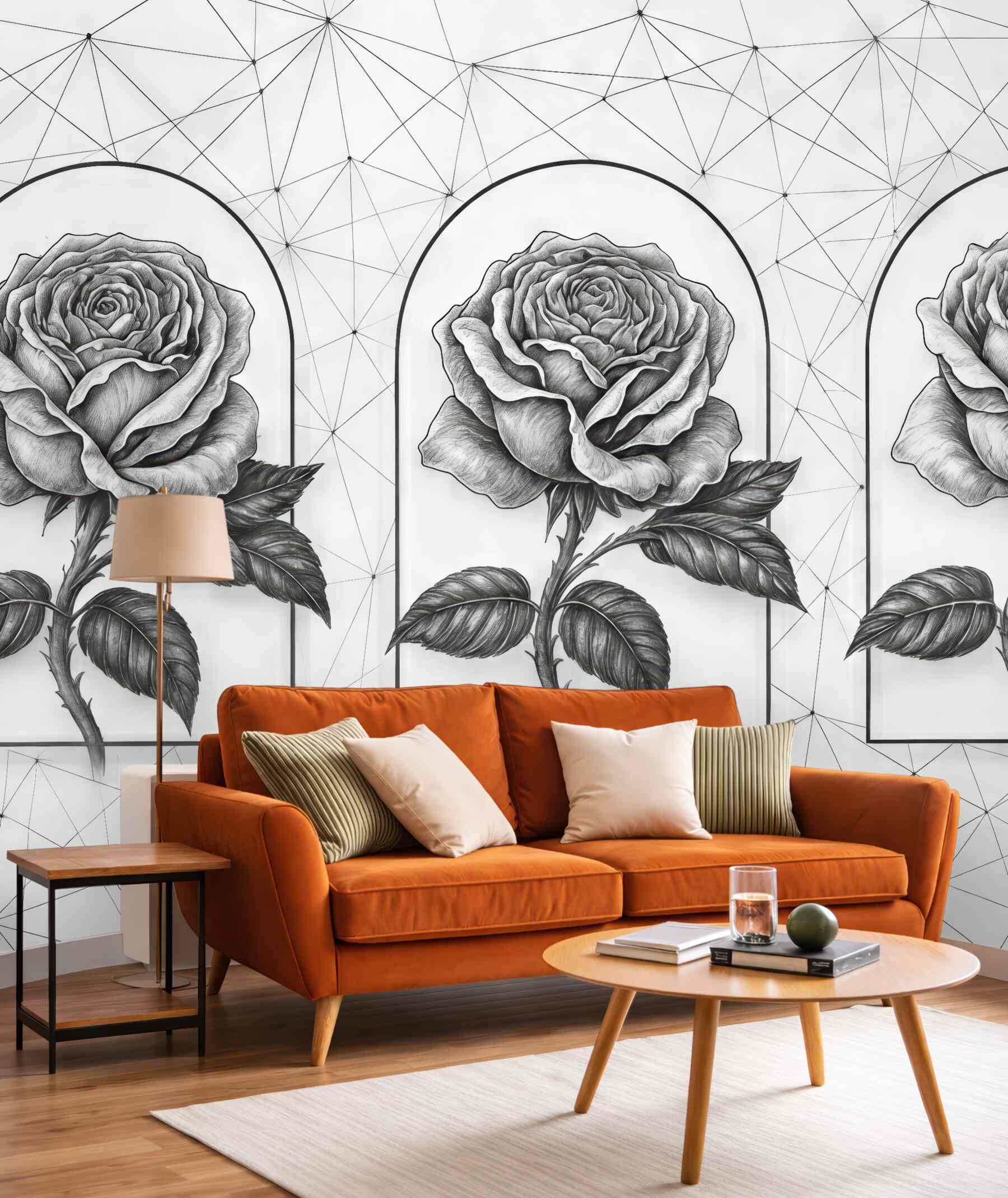 Fototapeta trzy róże w geometrycznych arkadach
