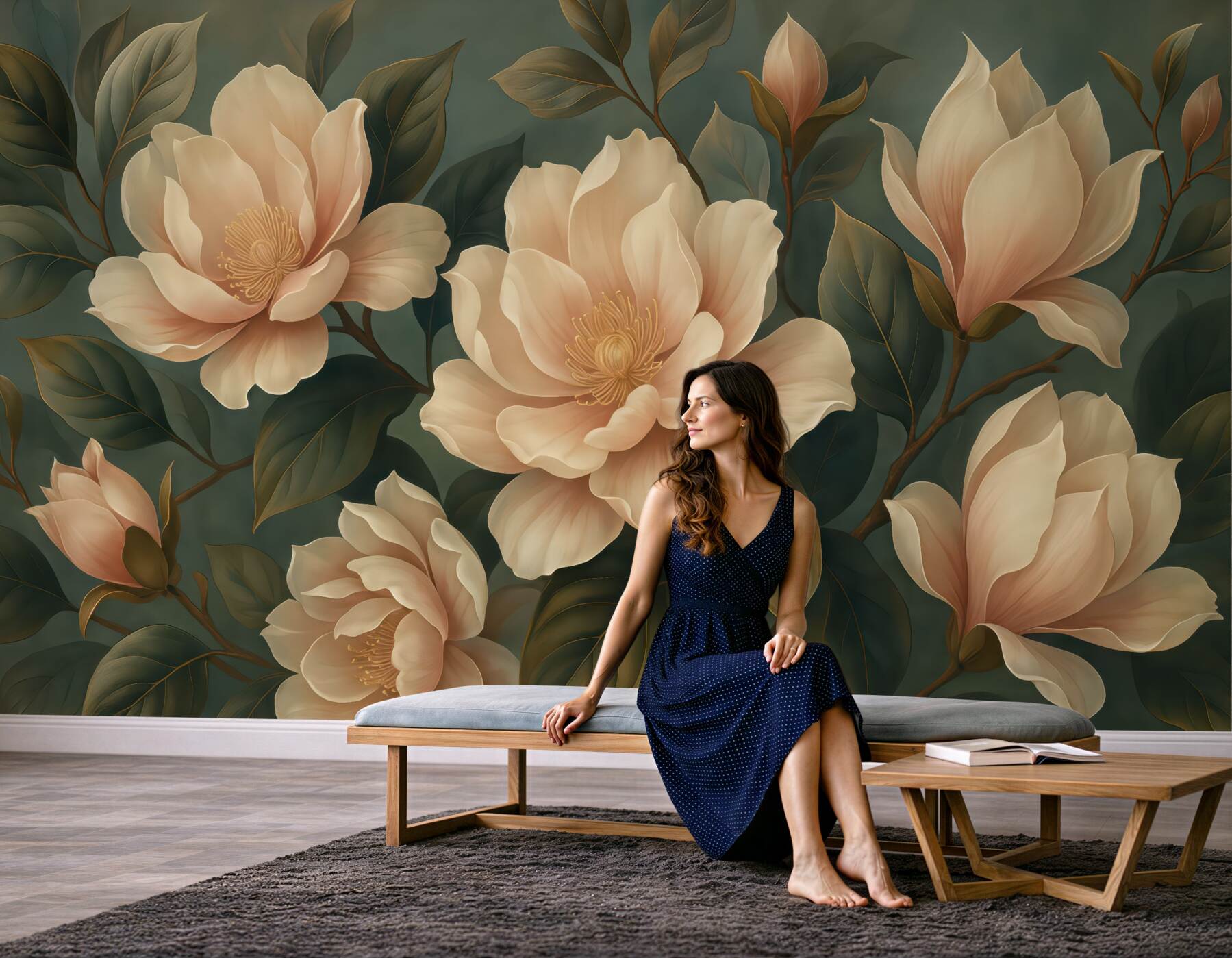Fototapeta eleganckie magnolie na szmaragdowym tle