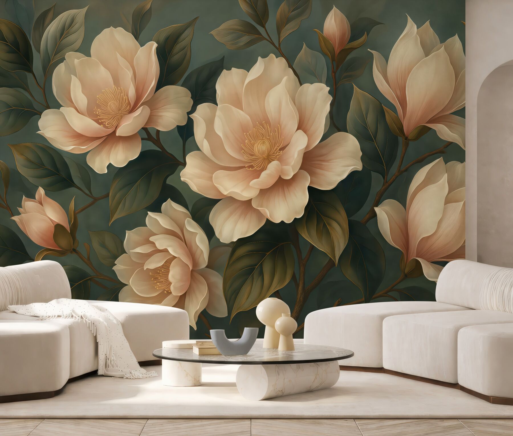 Fototapeta eleganckie magnolie na szmaragdowym tle