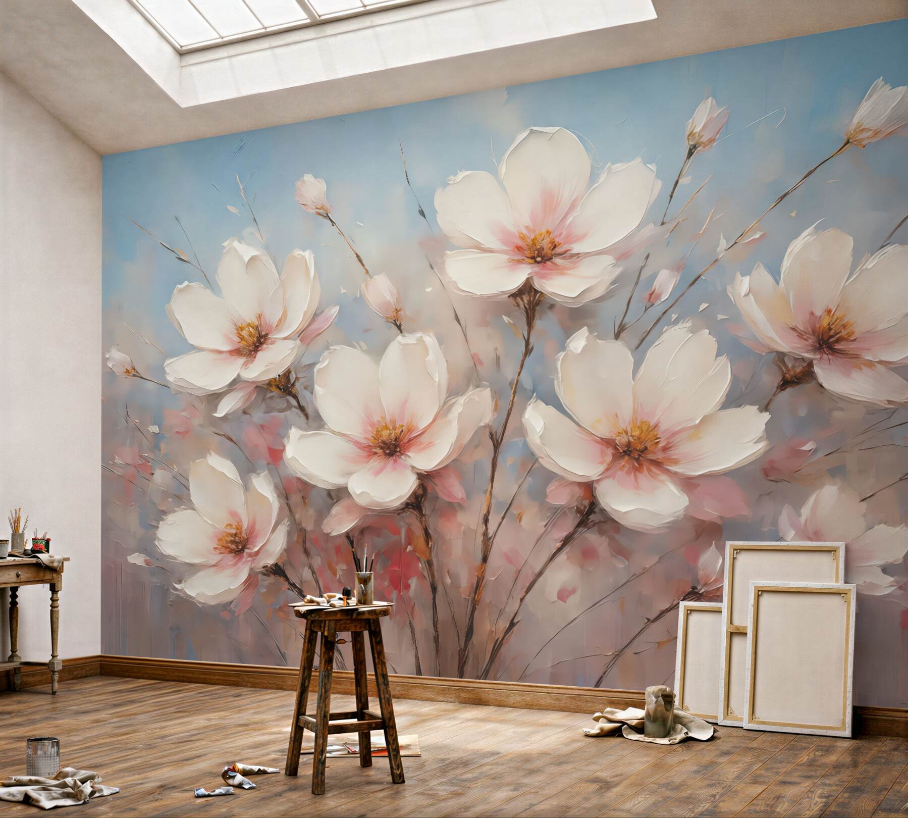 Fototapeta delikatne magnolie na błękitnym tle
